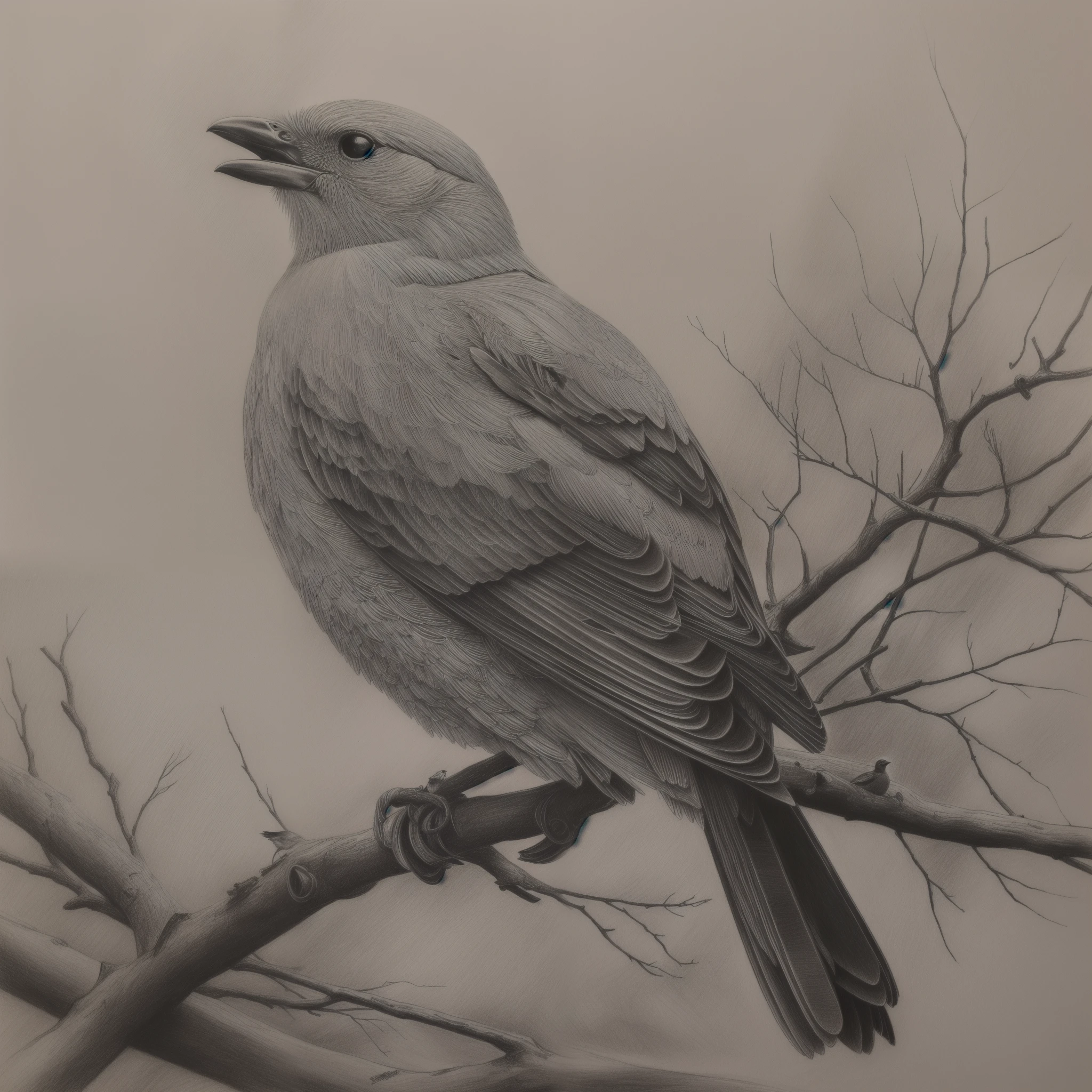 A bird perched on a tree branch, graphite on paper, graphite sketching, pencil on paper, monochrome drawing, intricate sketch, pencil art on paper, highly detailed 4k drawing, inspired by Robert Bechtle, black and white graphite drawing, high detail illustration, highly intricate artwork, fine lines and graphite, detailed pencil drawing, detailed charcoal drawing.