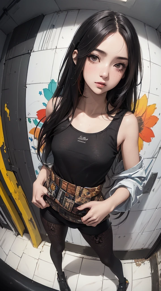 ((8k wallpaper of extremely detailed CG unit, masterpiece, hight resolution, top-quality, masutepiece)), ((a very beautiful woman, Hands in pockets:1.8, Grunge Fashion:1.2, Wearing tights)), ((extra detailed face, Highly detailed black eyes, Contrasting eyes, extra detailed body, Top quality real texture skins:1.2)), (A dark-haired, length hair, de pele branca, Small:1.2), ((Colorful wall)), (high-angle:1.1, Fisheye:1.3), hyper realisitic, digitial painting,