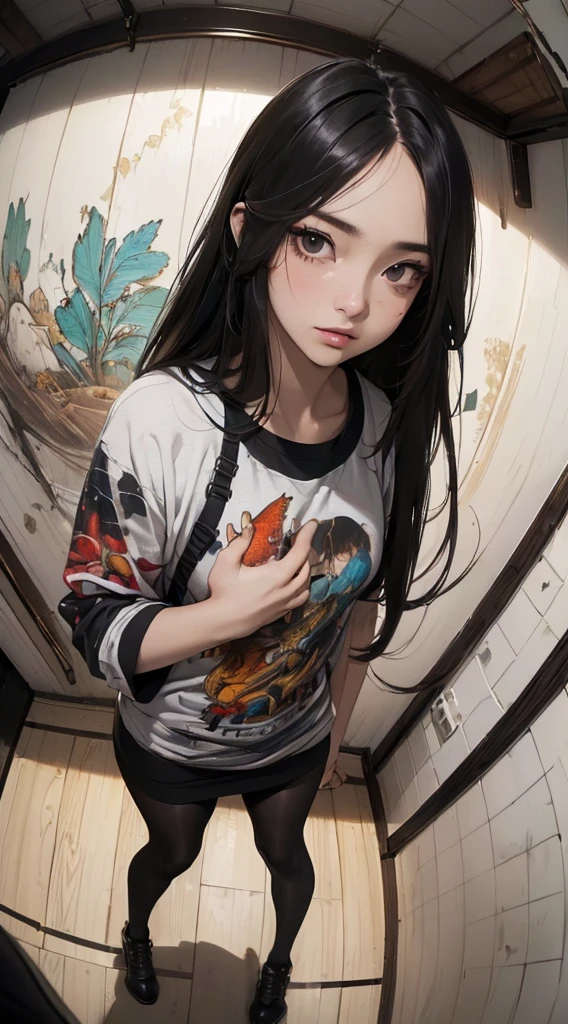 ((8k wallpaper of extremely detailed CG unit, masterpiece, hight resolution, top-quality, masutepiece)), ((a very beautiful woman, Hands in pockets:1.8, Grunge Fashion:1.2, Wearing tights)), ((extra detailed face, Highly detailed black eyes, Contrasting eyes, extra detailed body, Top quality real texture skins:1.2)), (A dark-haired, length hair, de pele branca, Small:1.2), ((Colorful wall)), (high-angle:1.1, Fisheye:1.3), hyper realisitic, digitial painting,