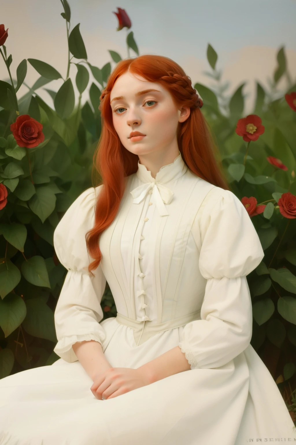 London, 1895. A ((((15-year-old)) Gemma Doyle)), in the gardens of a boarding school for ladies. ((((white from the 19th century)))), ((wild curly red hairstyle from the 1890s))