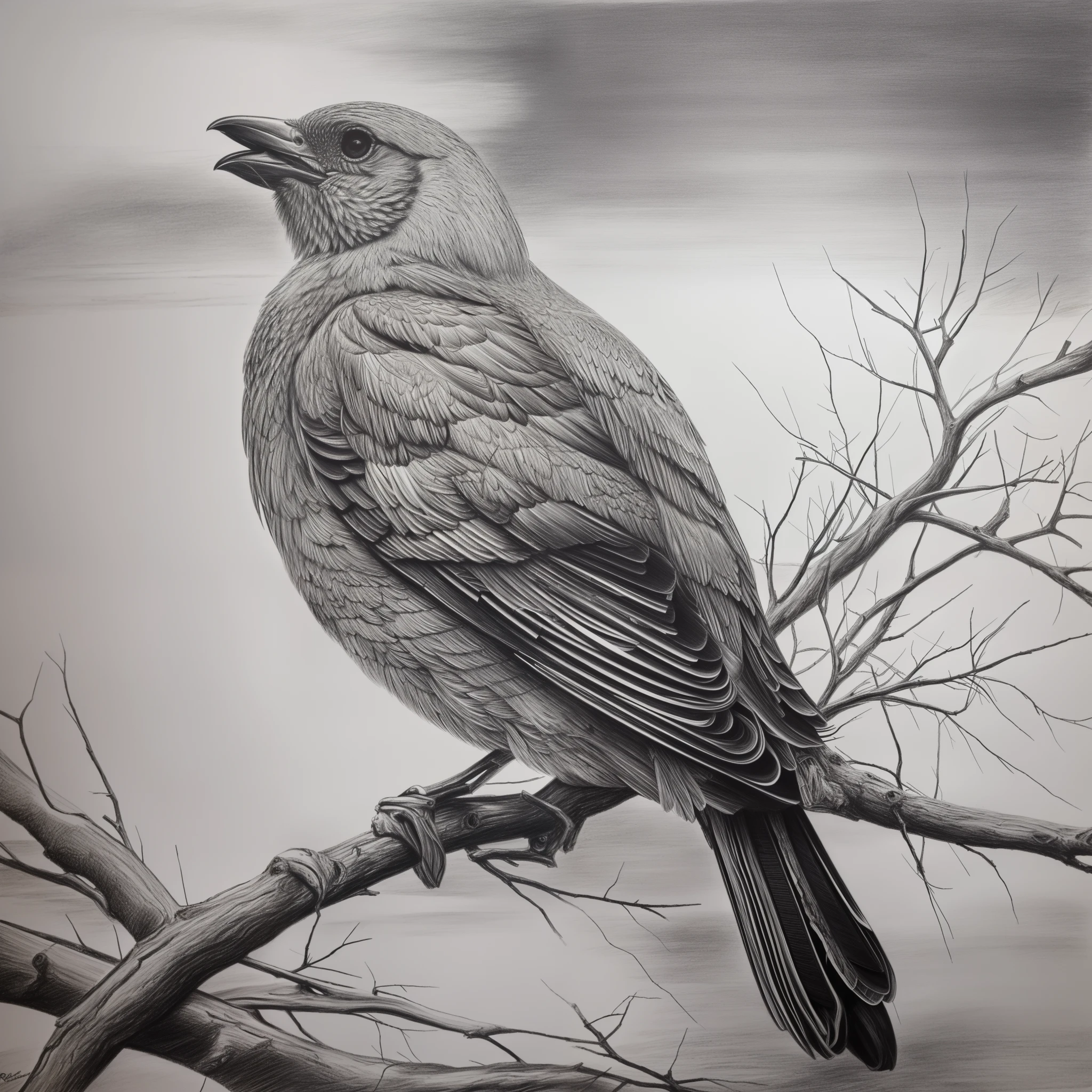 There is a painting,The painting shows a bird sitting on a branch, graphite on paper, Graphite drawing, pencil on paper, monochrome drawing, a detailed drawing, pencil art on paper, detailed 4k drawing, Inspired by Robert Bateman, Black and white graphite drawing, High detail drawing, highly detailed art, fine lines and graphite, detailed pencil drawing, Detailed charcoal drawing