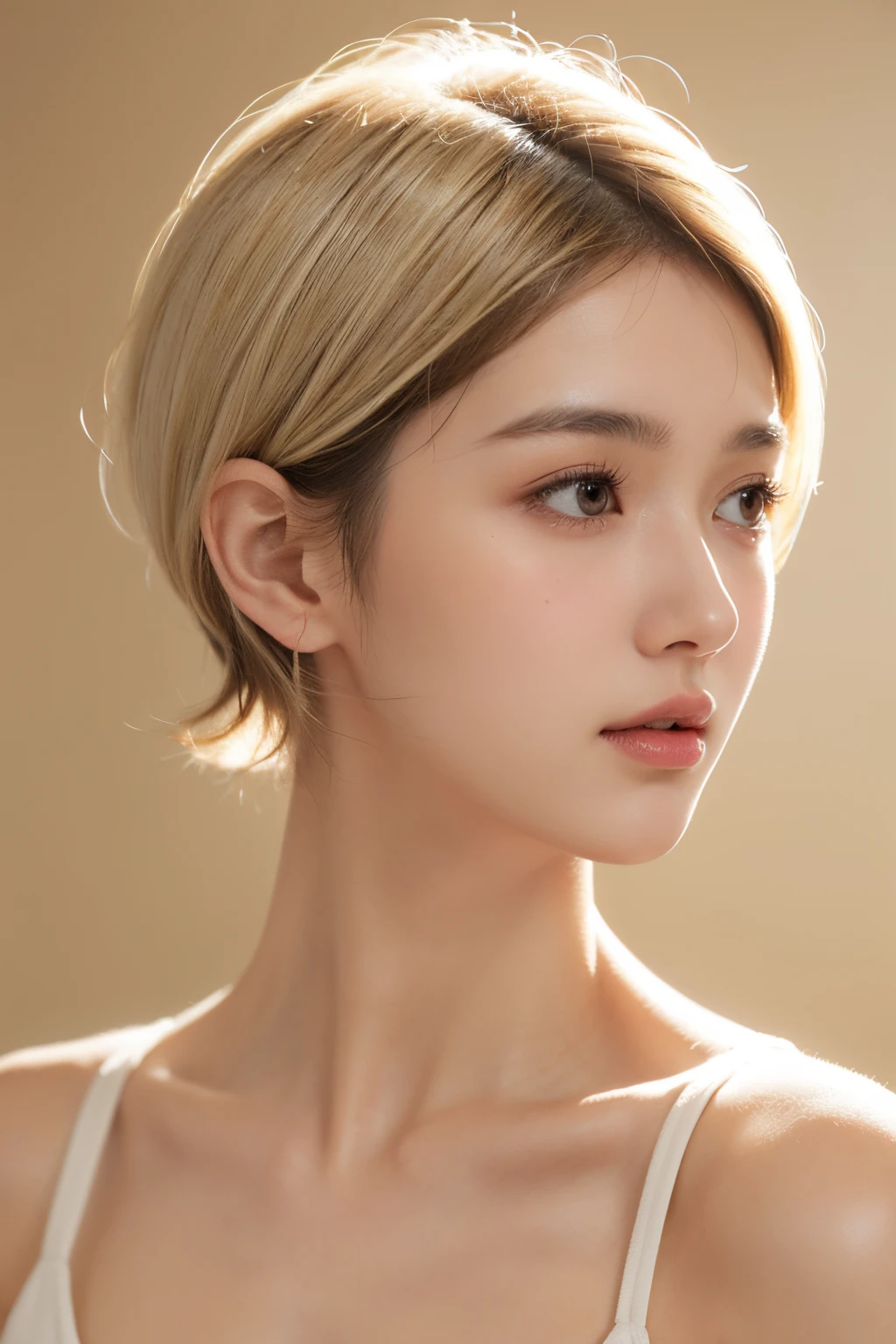 1 girl, sideface, white high-necked, short detailed hair, Beige background, Warm light, hor ears