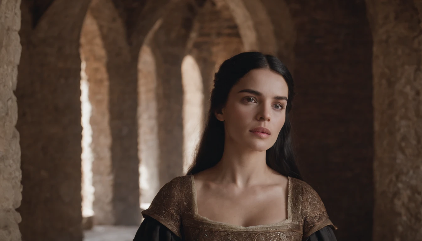 young medieval woman (black hair and brown eyes, wearing a riding gown), inside medieval Hungarian stables, day, gothic, suspense, 8k, cinematic scene from period film, cinematic, in the style of cinematographer Dion Beebe