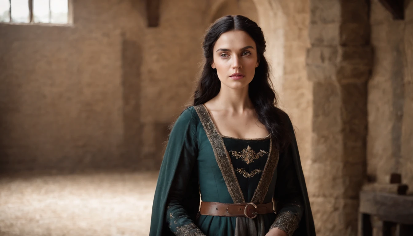 young medieval woman (black hair and brown eyes, wearing a riding gown), inside medieval Hungarian stables, day, gothic, suspense, 8k, cinematic scene from period film, cinematic, in the style of cinematographer Dion Beebe
