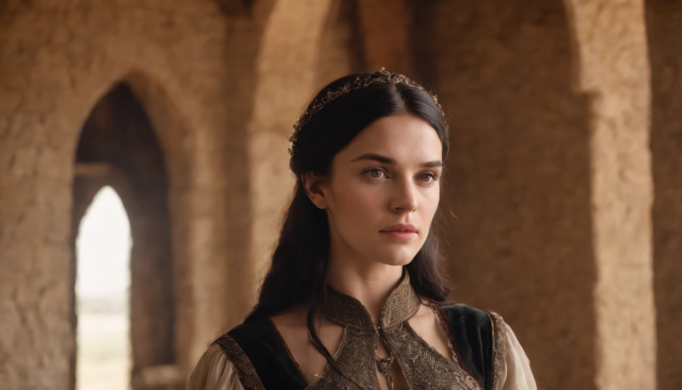 young medieval woman (black hair and brown eyes, wearing a riding gown), inside medieval Hungarian stables, day, gothic, suspense, 8k, cinematic scene from period film, cinematic, in the style of cinematographer Dion Beebe
