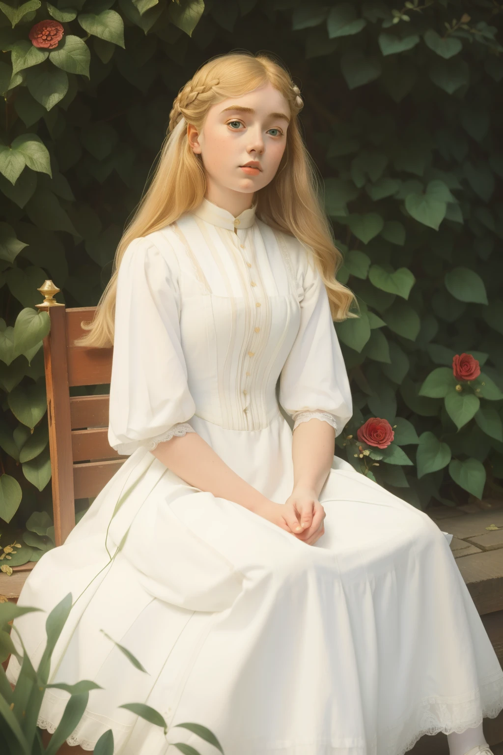 1885, england. Pre-raphaelite -yeld Fr Mavor, blonde, boarding school gardens, ((((1880s clothes, white dress)))), ((1880s hairstyle))