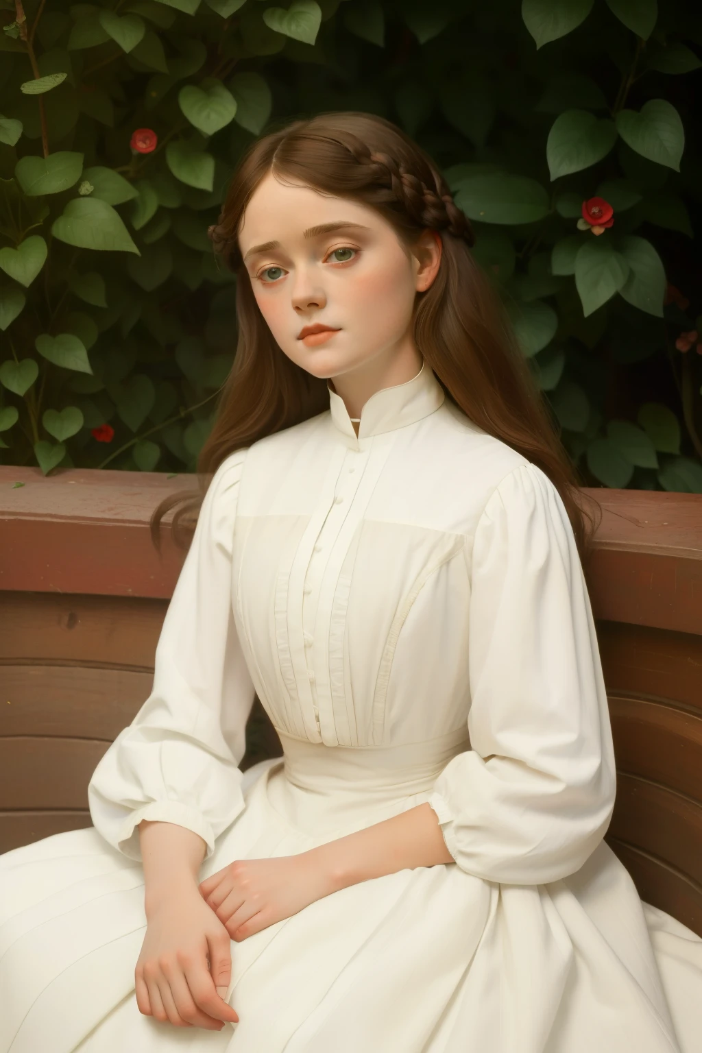 1885, england. Pre-raphaelite -yeld Als Bledel, brunette, boarding school gardens, ((((1880s clothes, white dress)))), ((1880s hairstyle))