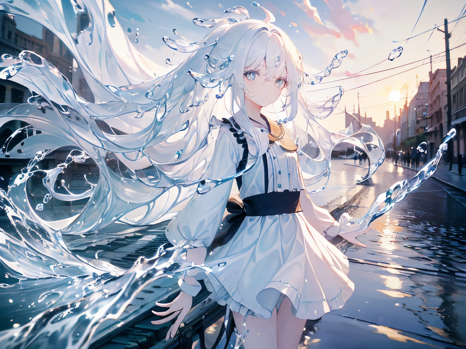 (Background), Masterpiece, Best Quality,illustartion, wallpapers, ultra detail, absurdress, 1girl, 独奏, (fluid hair:1.2), beautiful detail eyes,
Bangs, Cowboy shot, Long hair, magical girl, white colored hair, waves,  water,  water drop, looking at the side, Wading, 
(Street:1.5),  Sun, cloudy sky,