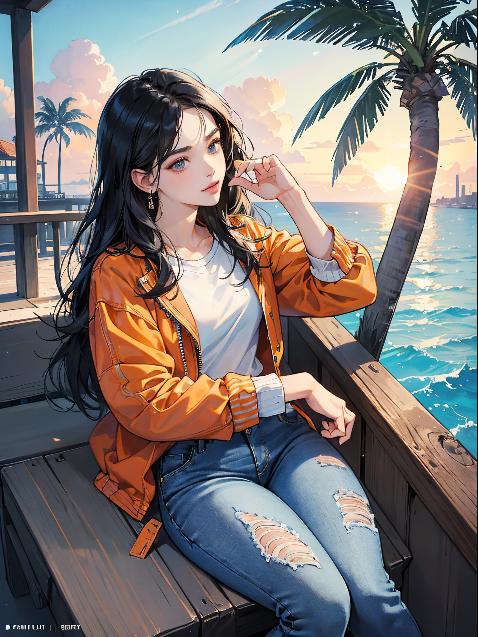 Orange and Indigo Keynote Speech、Vibrant colors、((masterpiece)))、(((top-quality)))、((ultra-detailliert))、(A hyper-realistic)、(highly detailed CGillustration)、Official art、CD cover、urbane、City Pop、Palm trees、seaside、Long black hair、It will be、Cool sensation、Mid summer、Stylish、glorious 1980s、Cool Beauty、cochetti gorgeous、matchless beauty、jaket、jeans、Female Solo、Perfect Angle、perfect-composition