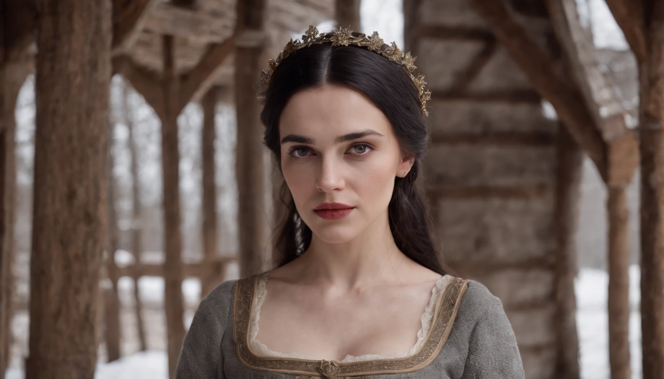 young medieval woman with black hair and brown eyes, wearing a riding gown, inside medieval wood Hungarian stables in winter, snow outside, day, gothic, suspense, 8k, cinematic scene from period film, cinematic, in the style of cinematographer Dion Beebe
