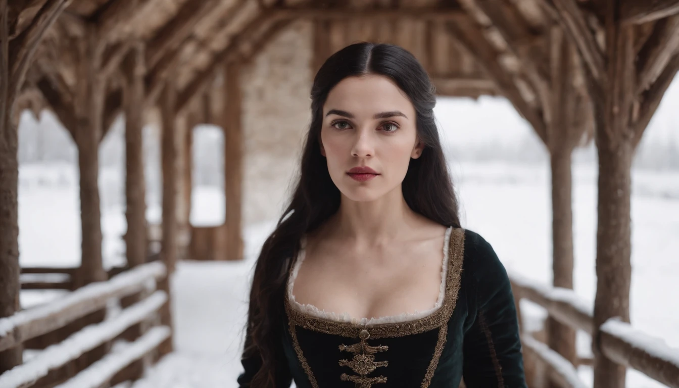 young medieval woman with black hair and brown eyes, wearing a riding gown, inside medieval wood Hungarian stables in winter, snow outside, day, gothic, suspense, 8k, cinematic scene from period film, cinematic, in the style of cinematographer Dion Beebe