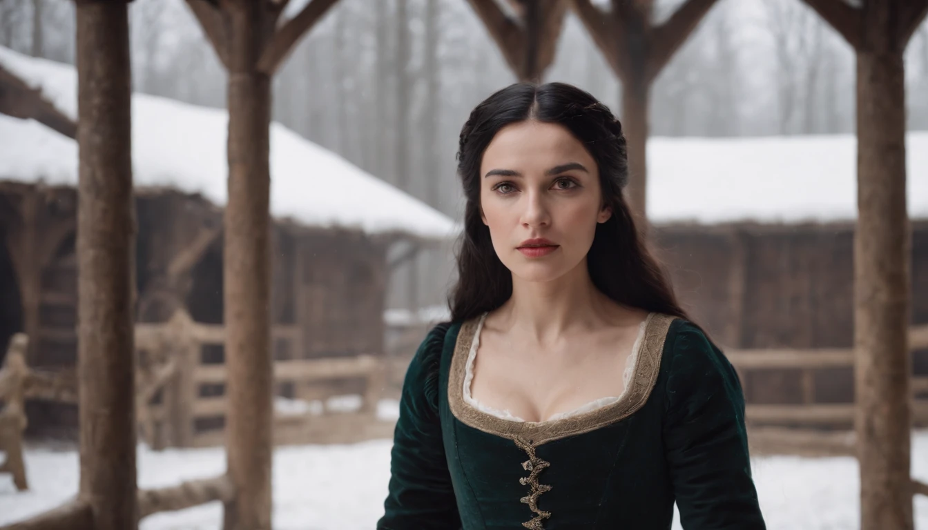 young medieval woman with black hair and brown eyes, wearing a riding gown, inside medieval wood Hungarian stables in winter, snow outside, day, gothic, suspense, 8k, cinematic scene from period film, cinematic, in the style of cinematographer Dion Beebe