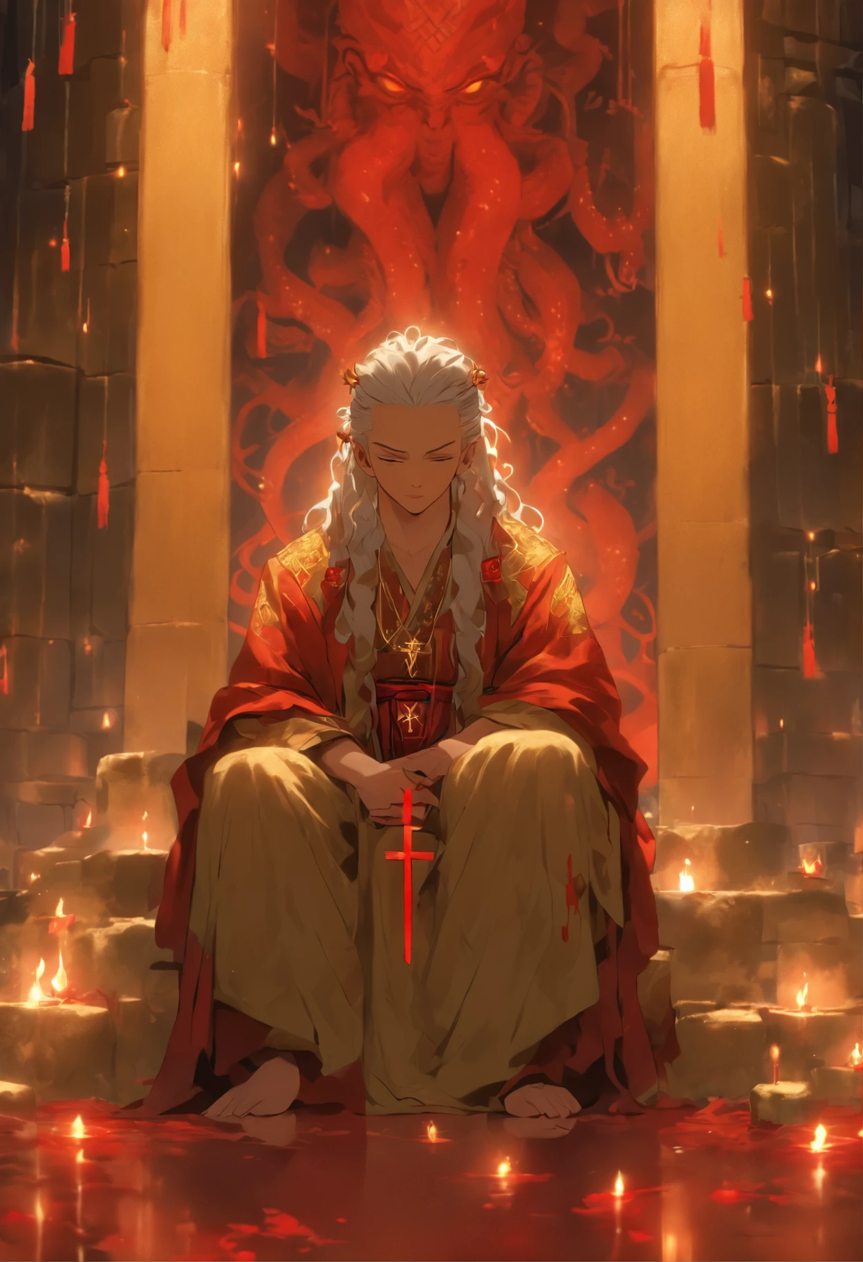 (8K、Best quality at best、tmasterpiece:1.2)、(Endless realism、Photorealsitic:1.37)、hyper-detailing,Full body lesbian,(1 boy:1.2),Alone,(This is a scrawny old man：1.2),The bones of the arm are vaguely visible,Eighty-year-old man,forehead full of wrinkles,(Roman nose：1.1),white haired Cangcang,thick white eyebrows,(With his eyes closed),The skin is very white.(This is a cult leader：1.3),(White silk robe with gold trim)+(A red inverted cross pendant hangs around the neck),The robe is covered with dark tentacles.Underground chamber in the background,(huge altar of flesh and blood：1.3),Place torches on the wall for lighting,(The gaps between the gravel bricks are covered with moss：1.2)+(Pentagram magic circle drawn with blood on the ground：1.2)