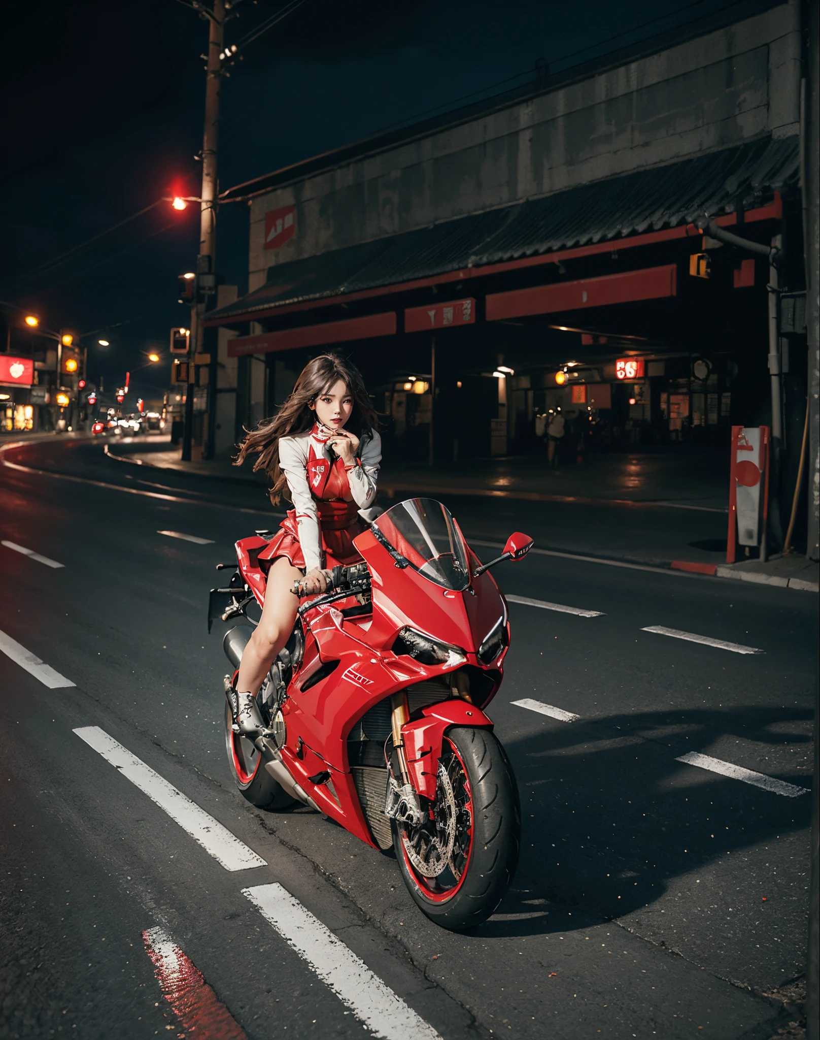 hight resolution、high-level image quality、in 8K、Real live-action、Raw photography、top-quality、masterpiece、masutepiece、(Soft Saturation:1)、(depth of fields:1.2)、(Ray traching:1.2)、headlight、Blue glow、Shot diagonally from above、Sense of speed、((during night)), city night scene、The background is a beautiful neon cyberpunk Tokyo、city night scene、Neon light、blue light from headlights、Dynamic Poses、Dynamic camera angles、heavy wind、Big red motorcycle speeding through the city at night、((Run leaving a trail of light:1.ung woman in red dress sitting on a big red motorcycle, Beautiful face、Beautiful face、(Red dress:1.2)、(Red short skirt:1.3)、white knee highs、(Red boots:1.2、Draw the toes:1.2)、perfect hand、perfect foot、perfect ankles、Perfect toes、Perfect toes、Perfect Heel:1.3、((Grasp the controller with both hands:1.2))、Slouched、put one'Upper body, Lower body:1.2、Sitting on the Ducati Panigale V4,Riding the Ducati Panigale V4, Sci-fi style bikes, Sci-fi style bikes, Ducati Panigale V4 Motorcycle Rider, How to ride the Ducati Panigale V4, (Draw left and right rearview mirrors:1.3)、(headlights shine blue:1.2)、picture of a female biker, motorbike,Motorcycle displacement: Ducati Panigale V4 Details、motion-blur、(white smoke from tires:1.1)、