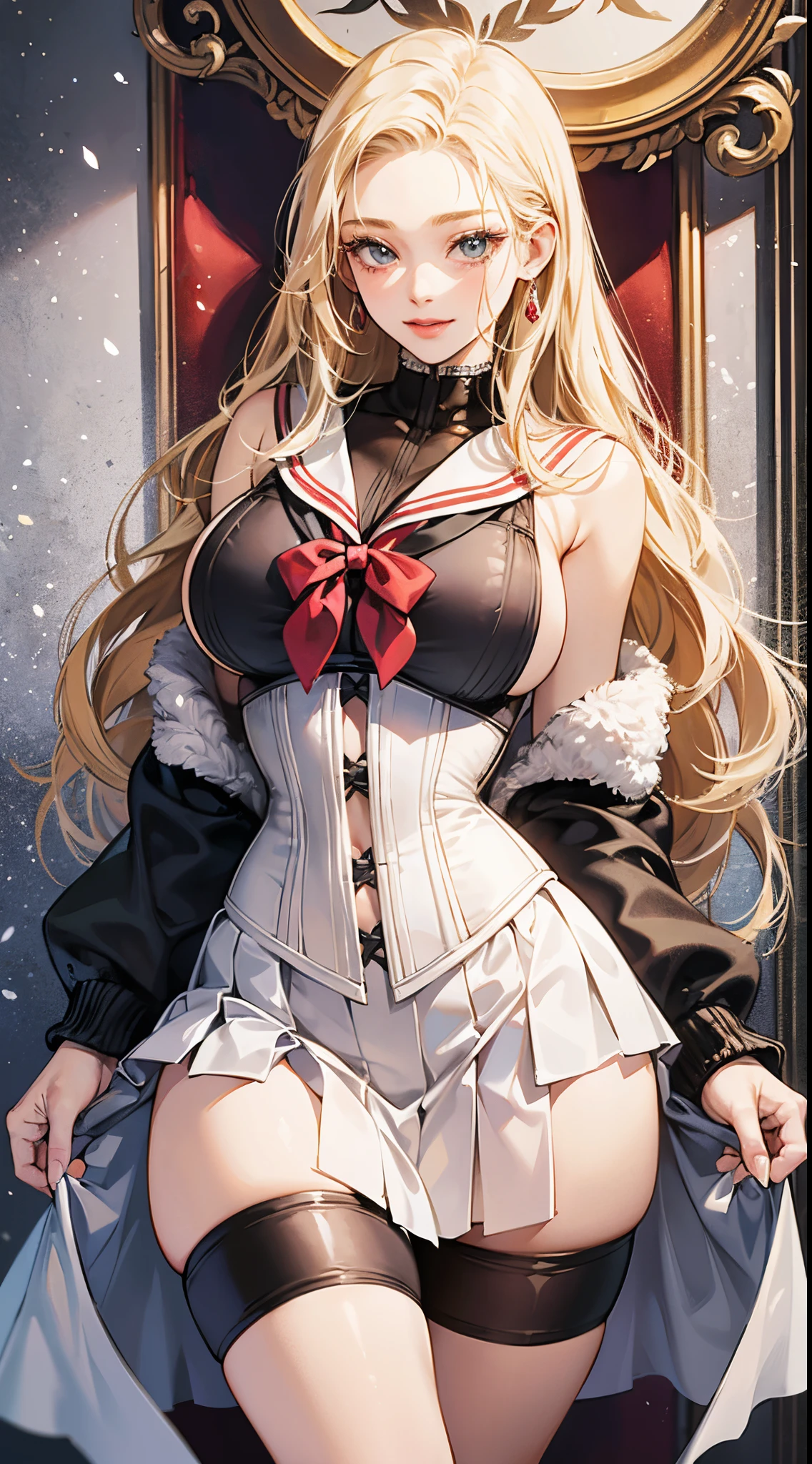 top-quality、realistic touch,high-detail、photoRealstic、Long body、captive beauty、big eye、huge tit、Strong platinum blonde eyelashes、platinum-blonde、Beautie、A sexy、full body Esbian、Sparkling eyes、Submissive smile、Flushed cheeks、Kamimei、thin-waist、Voluptuous thighs、Enraptured look、Raked bangs、The forehead is protruding、Corset to emphasize the brest、sleeveless、High school student in sailor suit、skirts that are too short