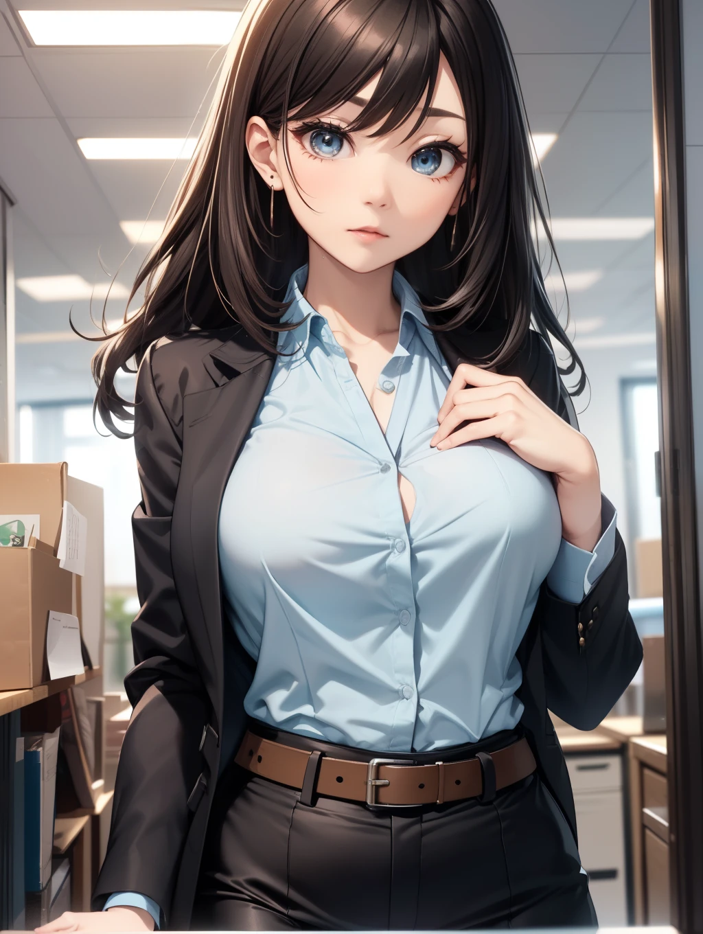 (masterpiece, best quality, extremely detailed, 8k, wallpaper, ultra-detailed), (RAW photo:1.2),
1girl, solo,indoor, small head, black pantyhose, pencil skirt, business suit, cleavage, tattoos