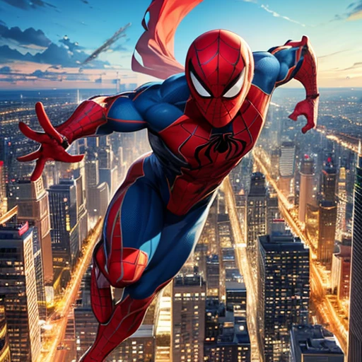 (best quality,4k,8k,highres,masterpiece:1.2), realistic, vivid colors, HDR, ultra-detailed, spiderman, green, yellow, blue, web-slinging, action scene, dynamic pose, cityscape, tall buildings, skyscrapers, bustling streets, awestruck crowd, heroic stance, intense expression, impressive acrobatics, dramatic lighting, vibrant costume, iconic mask, muscular physique, confident posture, heroic adventure, thrilling atmosphere, adrenaline rush, comic book style, energetic composition, special effects, powerful web shots, urban backdrop, city of New York, spider emblem, arachnid agility, soaring through the air.