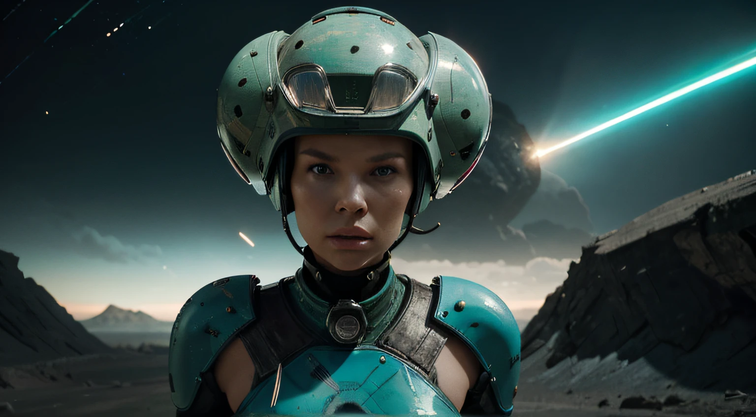 Un dibujo animado plano moderno Loco con un Big ONE, un robot con un solo ojo y un estilo de casco., como Kim Basinger desnuda con cabello cian, cabeza de alfiler, camuflaje rosa verde claro oxidado, Atmosphere in the crater of a super-detailed meteorite, centro, Beautiful, Soft lighting, Centrado en el personaje, 4k-resolution, Photorealistic rendering,