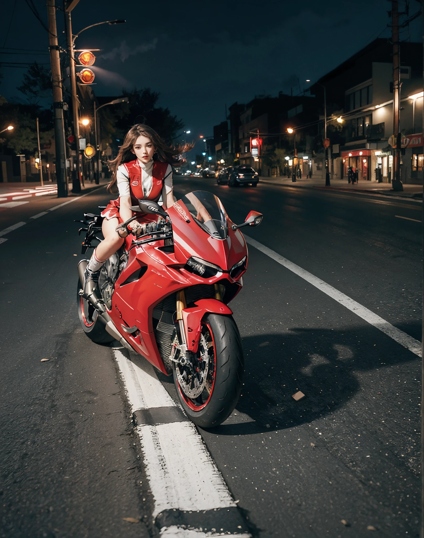 hight resolution、high-level image quality、in 8K、Real live-action、Raw photography、top-quality、masterpiece、masutepiece、(Soft Saturation:1)、(depth of fields:1.2)、(Ray traching:1.2)、headlight、Blue glow、Shot diagonally from above、Sense of speed、((during night)), city night scene、The background is a beautiful neon cyberpunk Tokyo、city night scene、Neon light、blue light from headlights、Dynamic Poses、Dynamic camera angles、heavy wind、Big red motorcycle speeding through the city at night、((Run leaving a trail of light:1.2))、Young woman in red dress sitting on a big red motorcycle, Beautiful face、Beautiful face、(Red dress:1.2)、(Red short skirt:1.3)、white knee highs、(Red boots:1.2、Draw the toes:1.2)、perfect hand、perfect foot、perfect ankles、Perfect toes、Perfect toes、Perfect Heel:1.3、((Grasp the controller with both hands:1.2))、Slouched、put one'Upper body, Lower body:1.2、Sitting on the Ducati Panigale V4,Riding the Ducati Panigale V4, Sci-fi style bikes, Sci-fi style bikes, Ducati Panigale V4 Motorcycle Rider, How to ride the Ducati Panigale V4, (Draw left and right rearview mirrors:1.3)、(headlights shine blue:1.2)、picture of a female biker, motorbike,Motorcycle displacement: Ducati Panigale V4 Details、motion-blur、(white smoke from tires:1.1)、