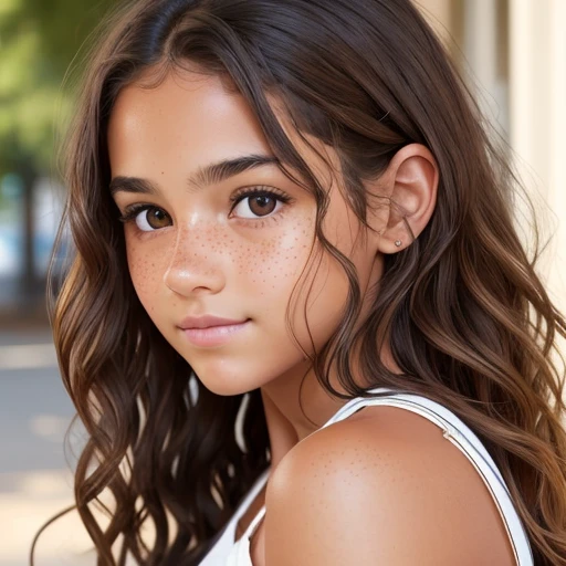 1girl. Tan skin, hazel eyes, freckles on nose, freckles on cheeks, dark brown hair, wavy hair, young, pregnant,
