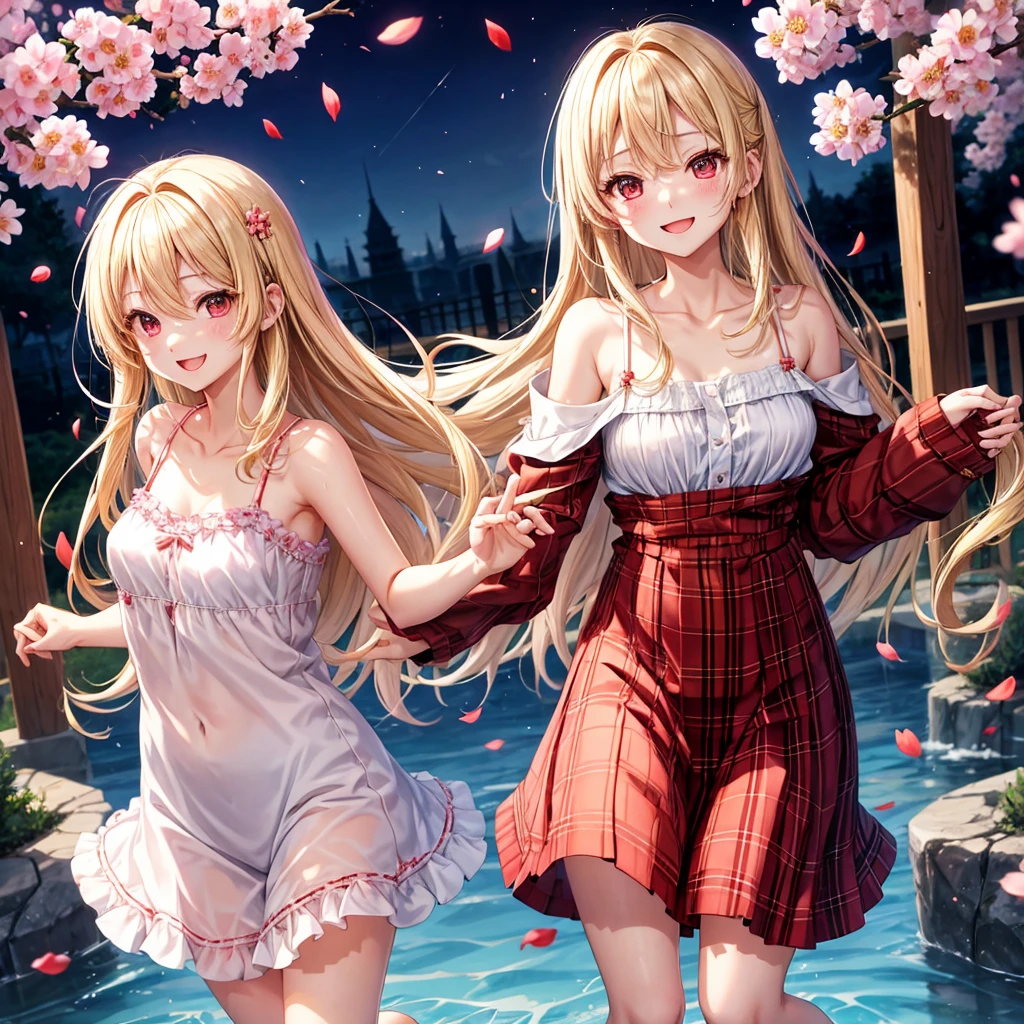 a blond、red eyes、1 pretty girl、animesque、lightly dressed、Plaid miniskirt、flower petals、bare-legged、wetting hair、Camisole-wearing、jumpping、you、piece、Smiling