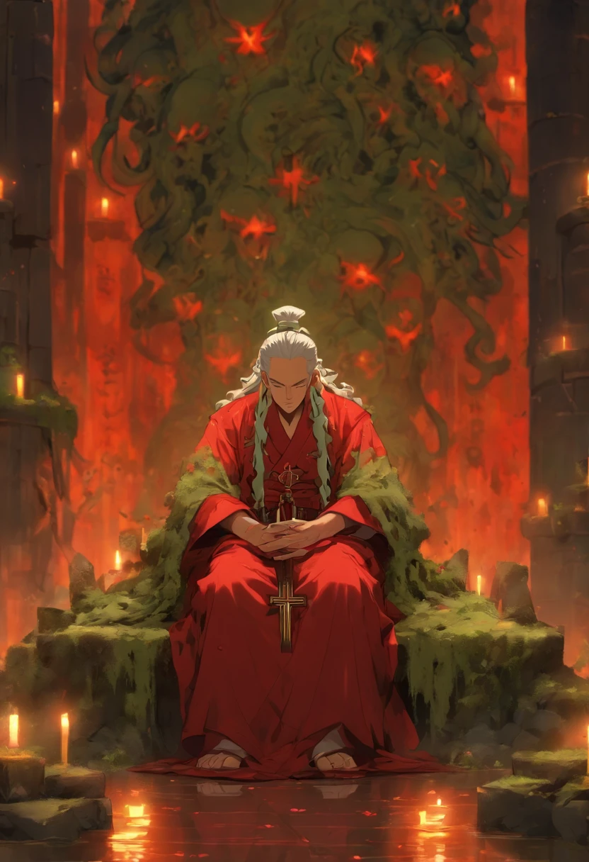 (8K、Best quality at best、tmasterpiece:1.2)、(Endless realism、フォトリアリスティック:1.37)、hyper-detailing,Full body lesbian,(1 boy:1.2),Alone,(This is a scrawny old man：1.2),The bones of the arm are vaguely visible,Eighty-year-old man,forehead full of wrinkles,(Roman nose：1.1),white haired Cangcang,thick white eyebrows,(With his eyes closed),The skin is very white.(This is a cult leader：1.3),(White silk robe with gold trim)+(A red inverted cross pendant hangs around the neck),The edges of the robe turned into tentacles.Underground chamber in the background,[Horrible flesh punk style],(huge altar of flesh and blood：1.3),Place torches on the wall for lighting,(The gaps between the gravel bricks are covered with moss：1.2)+(Pentagram magic circle drawn with blood on the ground：1.2)
