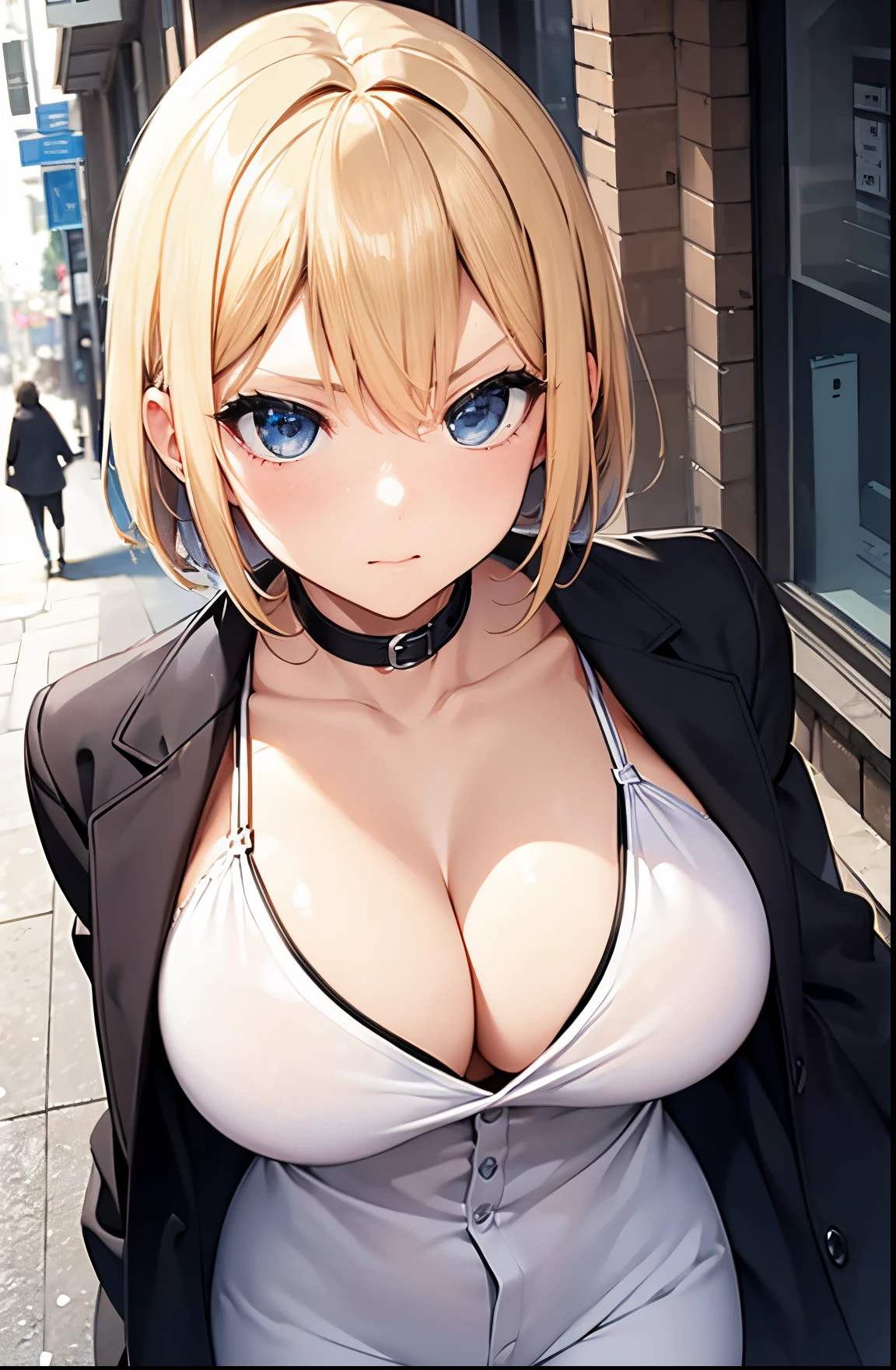 2D Anime Style、hight resolution,Blue eyes、Beautiful shining eyes, (Talented lo-fi:1.3),breasts are slightly larger、high and beautiful nose,Beautiful face with slender contours, cool angry expression,adult woman with short blond hair......................、,Fashion that shows cleavage, he is wearing a white shirt and black pants、and is wearing a long black coat。。。。。。..,walking down the streets of america,