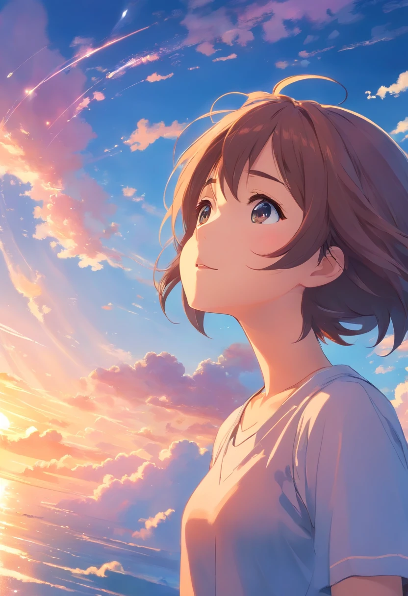 masterpiece, best quality, movie still, 1girl, cloud girl, floating in the sky, close-up, bright, happy, warm soft lighting, sunset, (sparks:0.7)