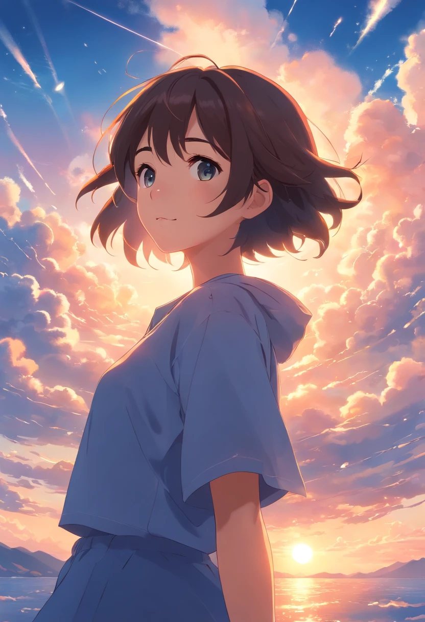 masterpiece, best quality, movie still, 1girl, cloud girl, floating in the sky, close-up, bright, happy, warm soft lighting, sunset, (sparks:0.7)