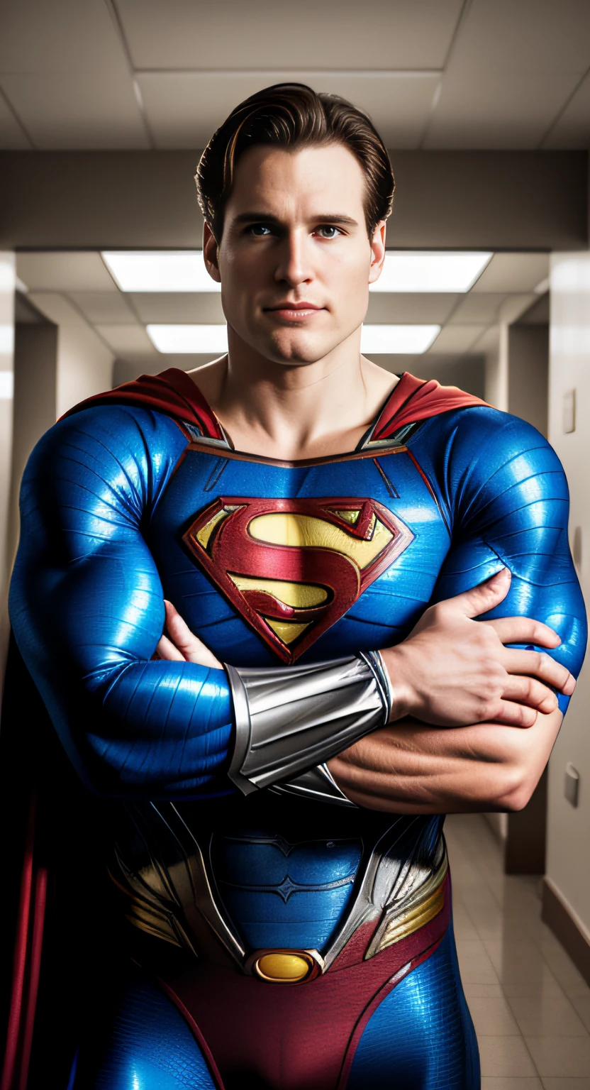 superman posing in a hallway with his arms crossed, superman, superman pose, super photo realistic, superhero body, superhero portrait, super photorealistic, hyper real render, superhero, super realistic photo, closeup portrait shot, gabe newell as a superman, wojtek fus, japanese dc live-action movie, super photo-realistic, portrait shot, ultra mega super hyper realistic