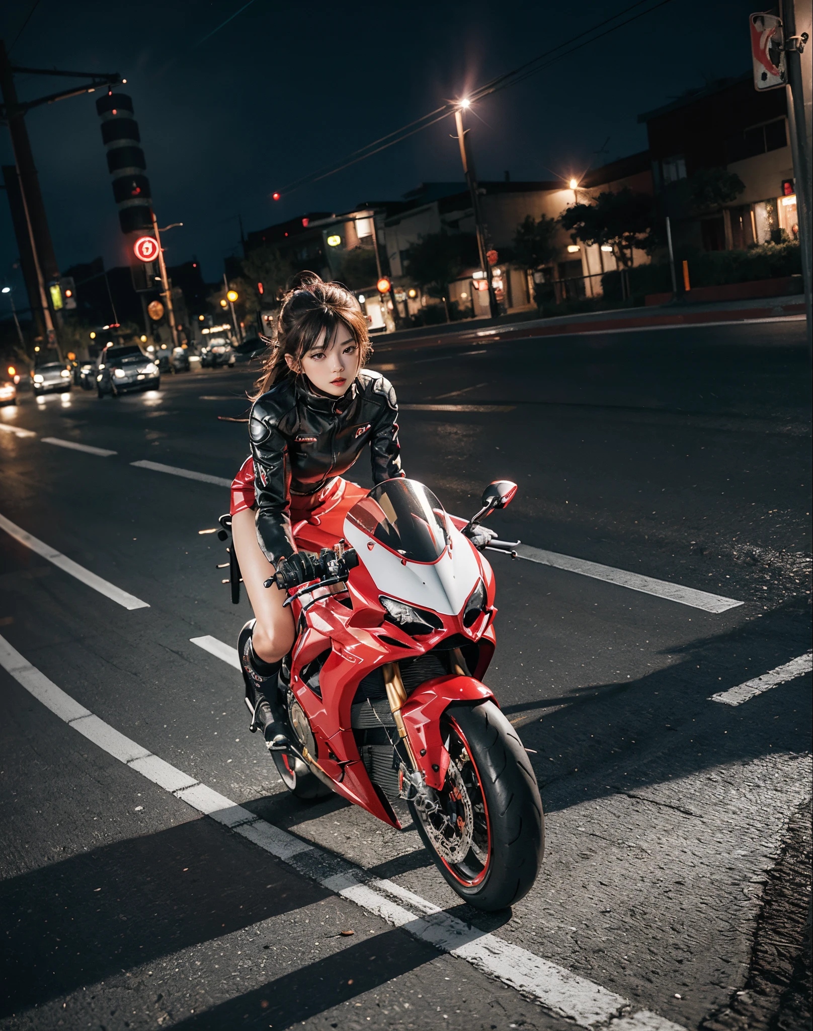 hight resolution、high-level image quality、in 8K、Real live-action、Raw photography、top-quality、​masterpiece、masutepiece、(Soft Saturation:1)、(depth of fields:1.2)、(Ray traching:1.2)、headlight、Blue glow、Shot diagonally from above、Sense of speed、((during night)), city night scene、The background is a beautiful neon cyberpunk Tokyo、city night scene、Neon light、blue light from headlights、Dynamic Poses、Dynamic camera angles、heavy wind、Big red motorcycle speeding through the city at night、((Run leaving a trail of light:1.2))、Young woman in red dress sitting on a big red motorcycle, Beautiful face、Beautiful face、(Red dress:1.2)、(Red short skirt:1.3)、white knee highs、(Red boots:1.2、Draw the toes:1.2)、perfect hand、perfect foot、perfect ankles、Perfect toes、Perfect toes、Perfect Heel:1.3、((Grasp the controller with both hands:1.2))、Slouched、put one&#39;Upper body, Lower body:1.2、Sitting on the Ducati Panigale V4,Riding the Ducati Panigale V4, Sci-fi style bikes, Sci-fi style bikes, Ducati Panigale V4 Motorcycle Rider, How to ride the Ducati Panigale V4, (Draw left and right rearview mirrors:1.3)、(headlights shine blue:1.2)、picture of a female biker, motorbike,Motorcycle displacement: Ducati Panigale V4 Details、motion-blur、(white smoke from tires:1.1)、