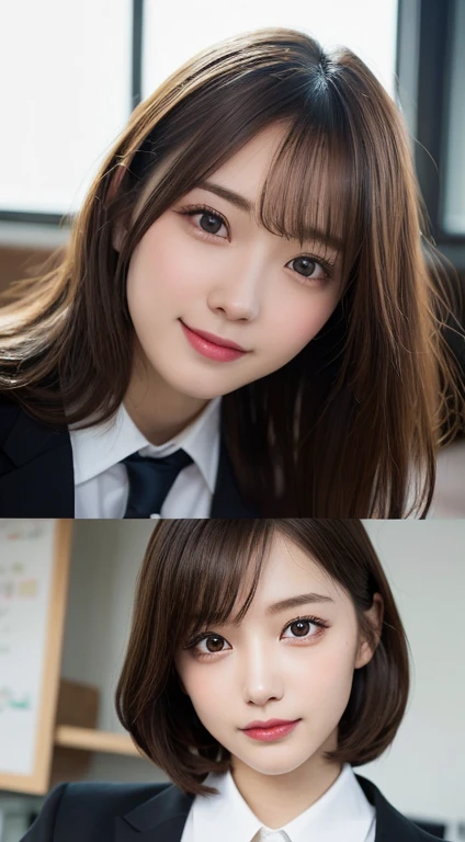 masutepiece, Best Quality, Illustration, Ultra-detailed, finely detail, hight resolution, 8K Wallpaper, Perfect dynamic composition, Beautiful detailed eyes, Suits,Medium Hair,  Natural Color Lip, Random and sexy poses,Smile,‎Classroom、20 years girl、Lifelike face、real looking skin、Realistic eyes、cute little