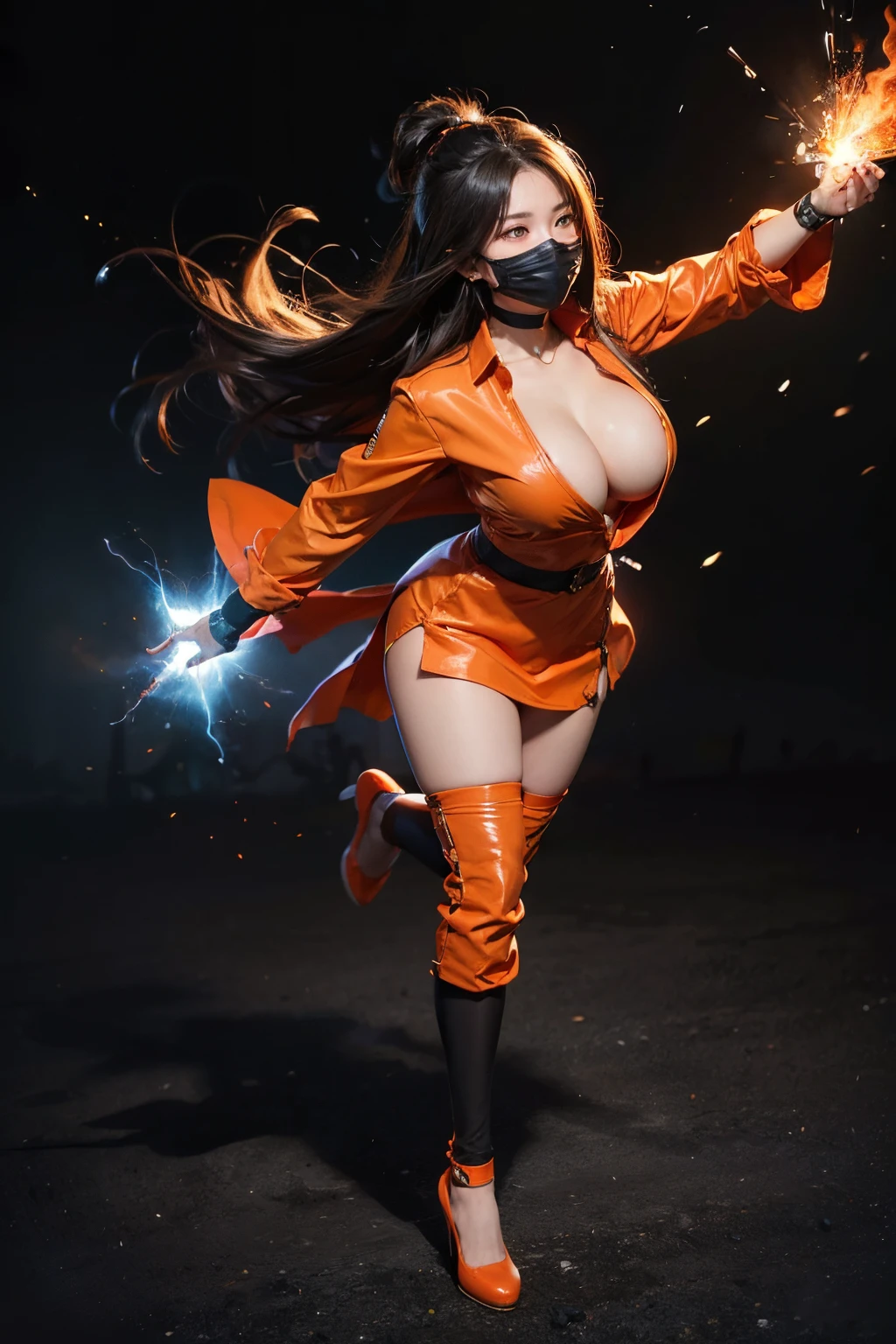 ((best quality)), ((masterpiece)), (detailed), perfect face, ((best quality)), ((masterpiece)), (detailed), perfect face, Big , asian girl, dragonball style, beatyful face, energie aura around a girl, goku, dragon ball, orange clothes, ((power)), angry, energie, super powered, full body, damaged clothes, stocking, ((fireball on a hand)), looking ahead ,((stocking)), ((orange mask)), ((volt energie around the girl)), ((more )), (())