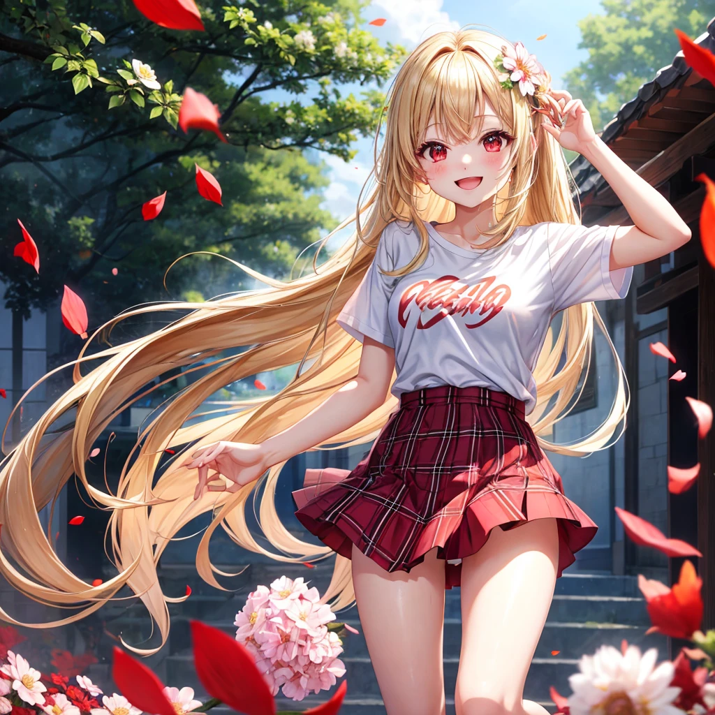 a blond、red eyes、1 pretty girl、animesque、lightly dressed、Plaid miniskirt、flower petals、bare-legged、wetting hair、T-shirt、jumpping、you、piece、Smiling