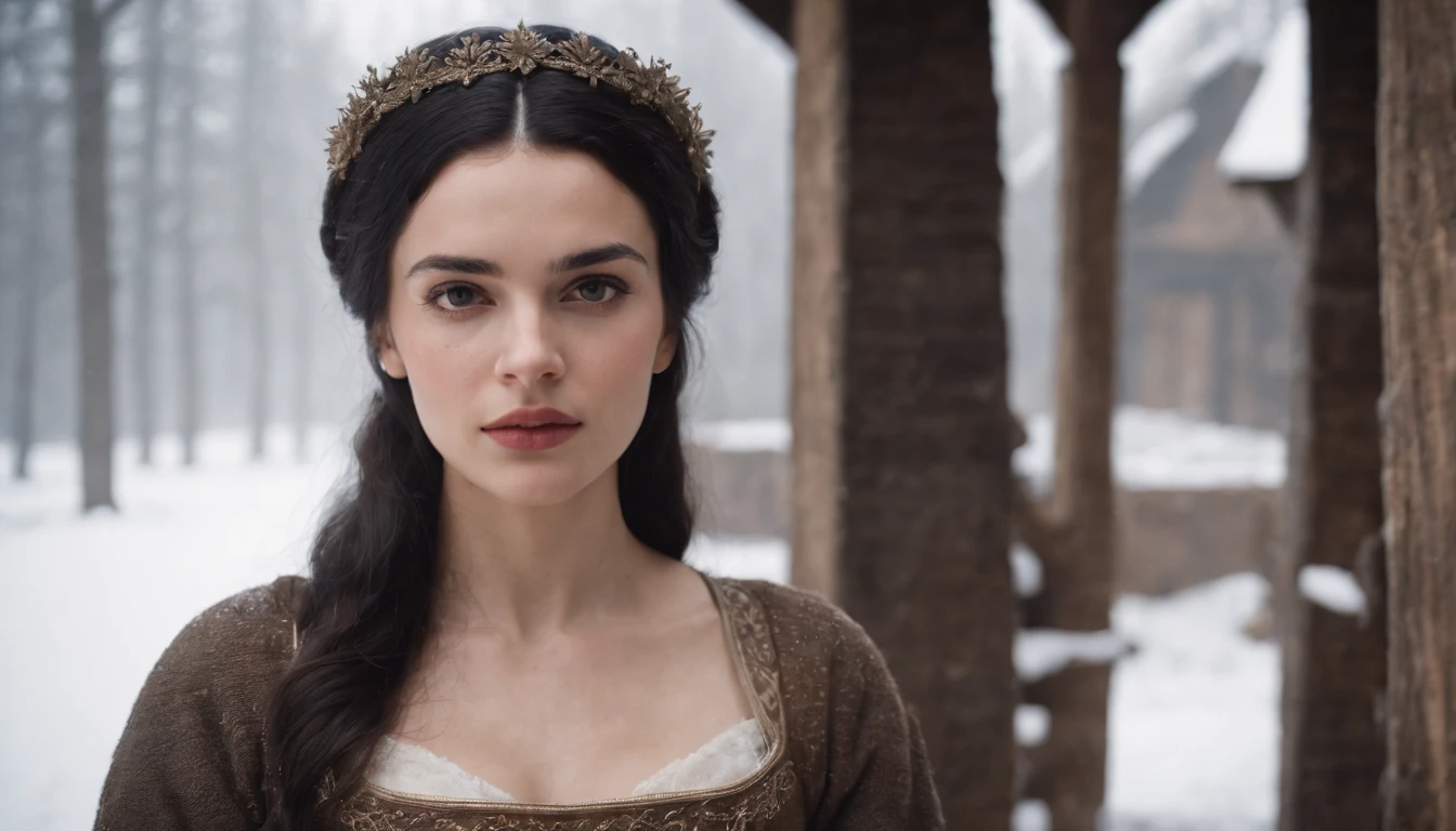 young medieval woman with black hair and brown eyes, wearing a winter riding gown, inside medieval wood Hungarian stables in winter, snow outside, day, gothic, suspense, 8k, cinematic scene from period film, cinematic, in the style of cinematographer Dion Beebe