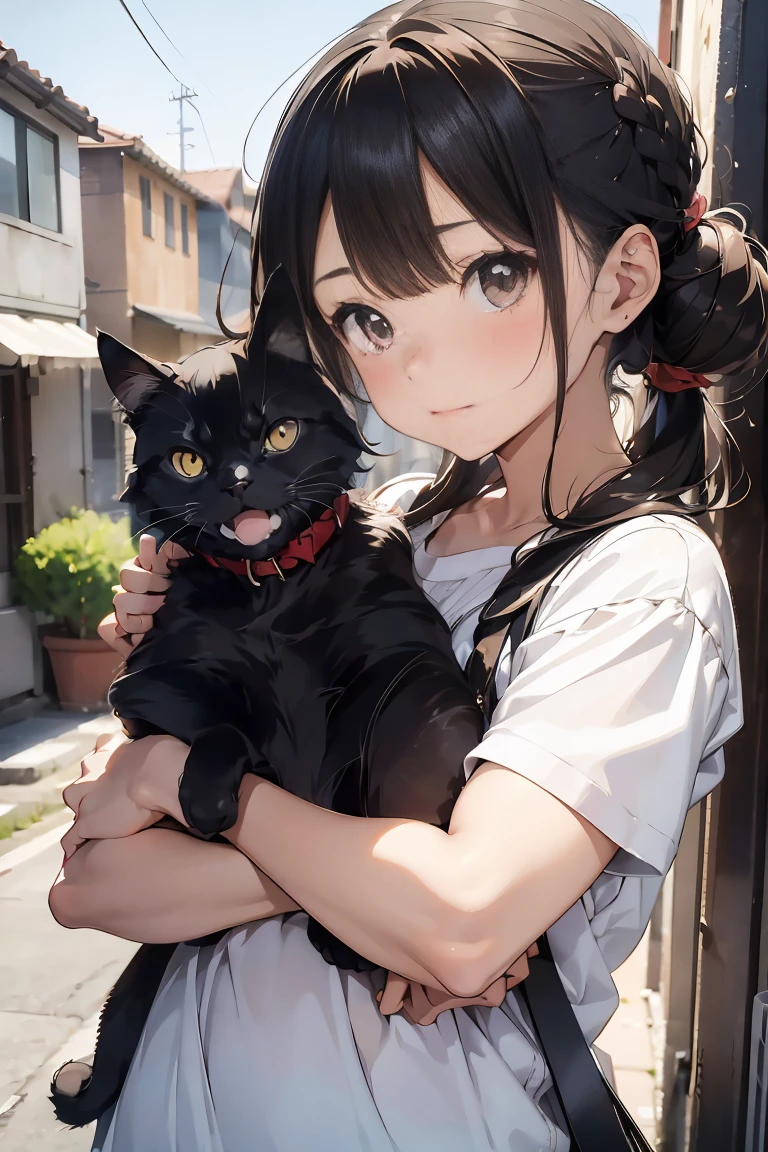 top-quality、Girl holding a black cat、Cute 14 year old girl、Bun hair with brown hair tied、Black cat、Natural look、longshot、Natural light