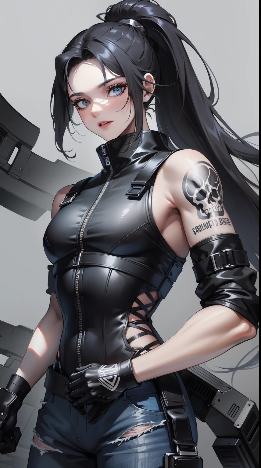 adult man, cabelos preto e longos, high ponytails, eBlue eyes, ssmile, beauitful face, body protective gear, Sleeveless, drawing of a skull, denim pant, circuit, arma, brawn, punisher print, Tattooed with, tmasterpiece, high high quality, 4K, k hd, Nice details