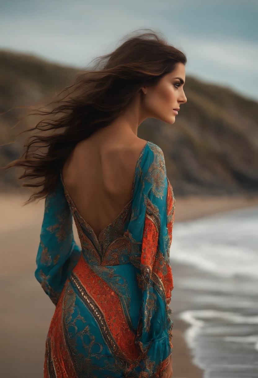 brunette model on beach, facing away, wavey hair