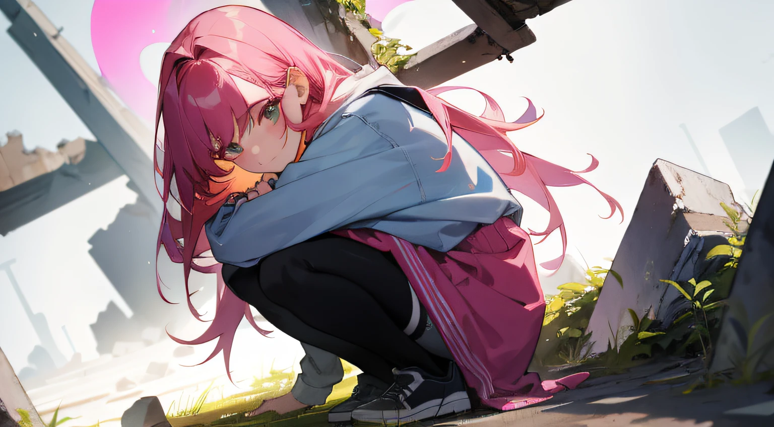 1 Beautiful girl plays masterpiece with cat,pupils,16 yaers old, A high resolution,keep clothes as they are,Reference original img,full bodyesbian,with pink hair,{{{angled}}},Best quality at best,s the perfect face,high high quality,Canvas level required, Set in ruins, Squat down and play with the cat, In the ruins, illuminated by light