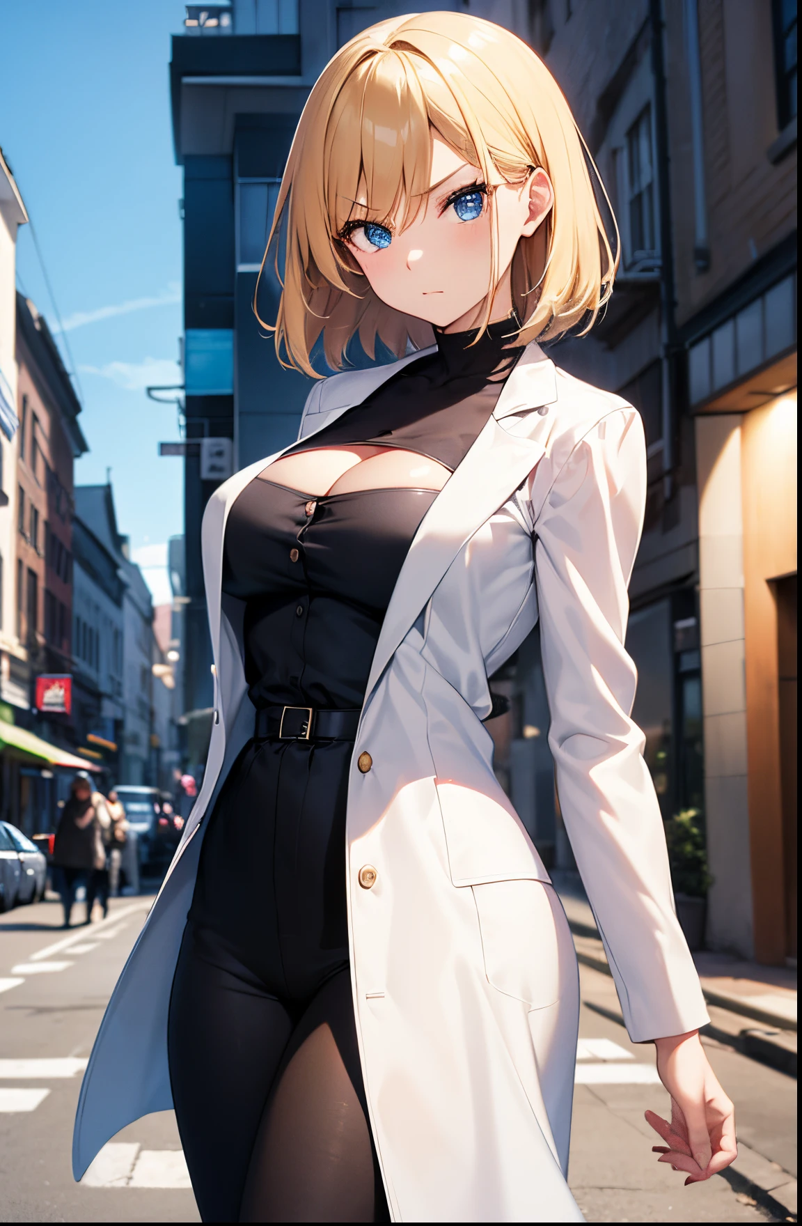 2D Anime Style、hight resolution,Blue eyes、Beautiful shining eyes, (Talented lo-fi:1.3),breasts are slightly larger、high and beautiful nose,Beautiful face with slender contours, cool angry expression,adult woman with short blond hair......................、,Fashion that shows cleavage, he is wearing a white shirt and black pants、and is wearing a long black coat。。。。。。..,walking down the streets of america,