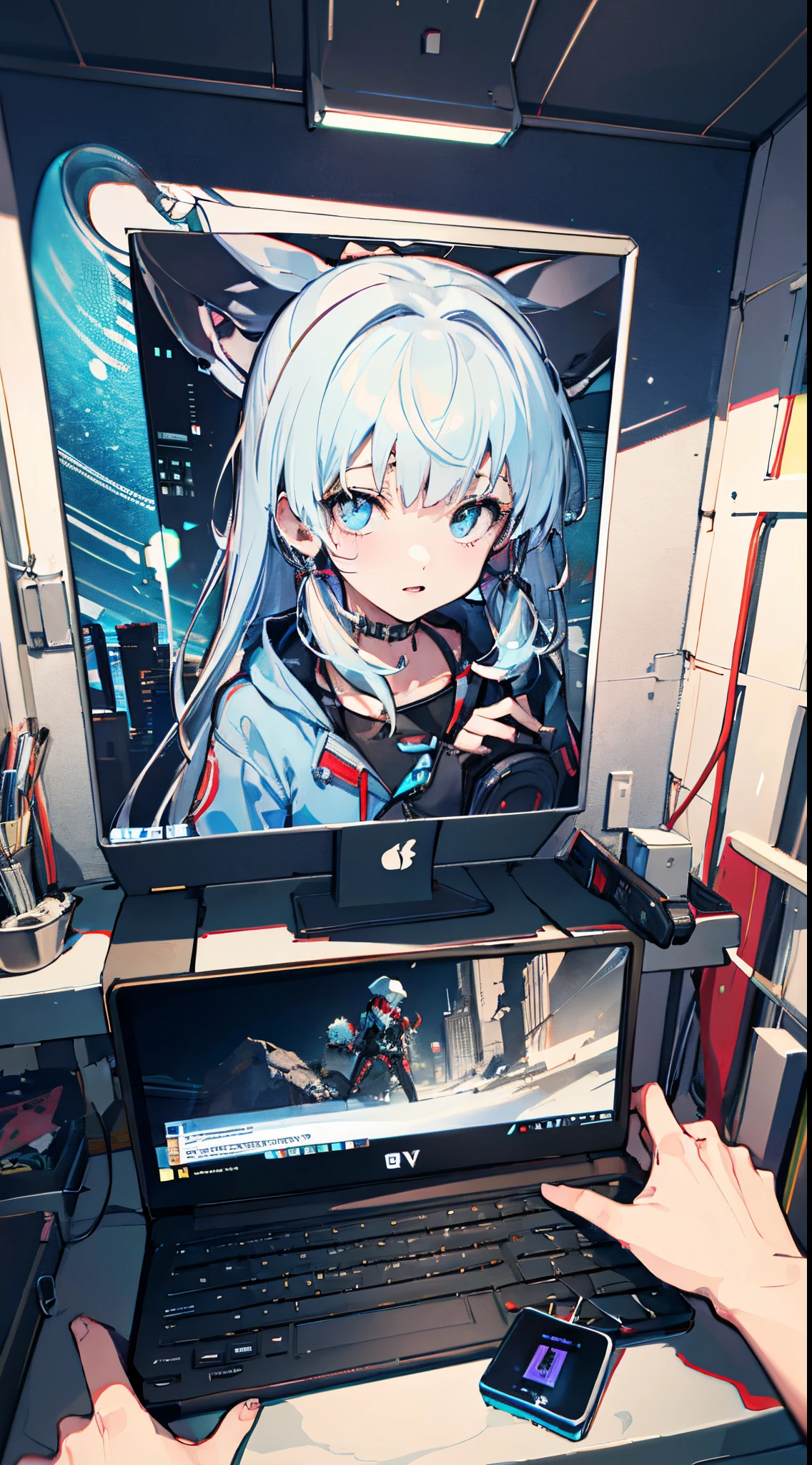 graffitti colourful face, sitting on computer, wearing sci-fi jacket, Surrealism, drop shadow, anaglyph, stereogram, pov, atmospheric perspective, super detail, ccurate, best quality