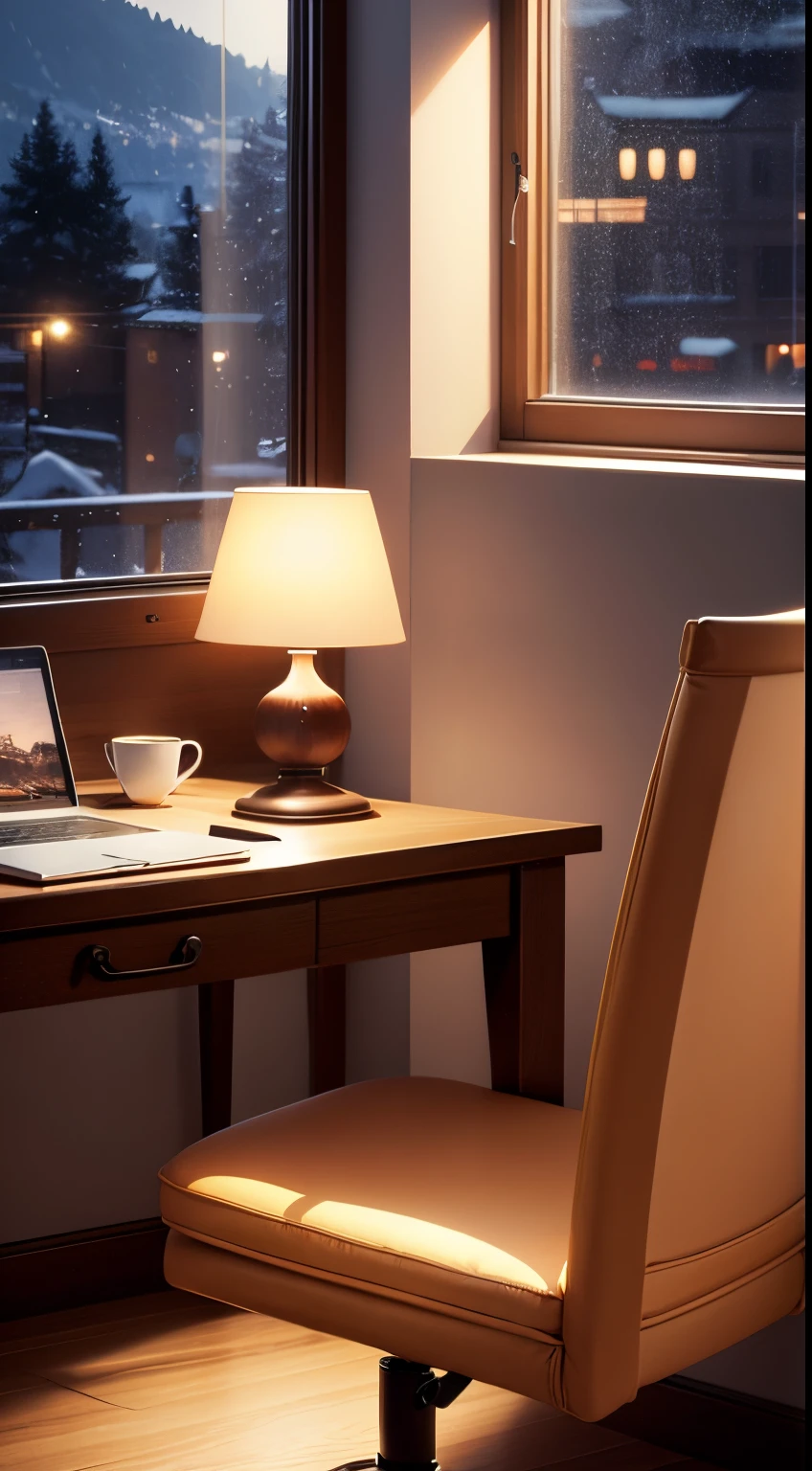 cozy scenery， Comfortable weather， cozily， a chair， desks， kawa， dynamic lights， gentlesoftlighting， style of anime， lamp lights， lamp lights， lamp lights， prette， hyper qualit， Best quality at best，Nikon 750