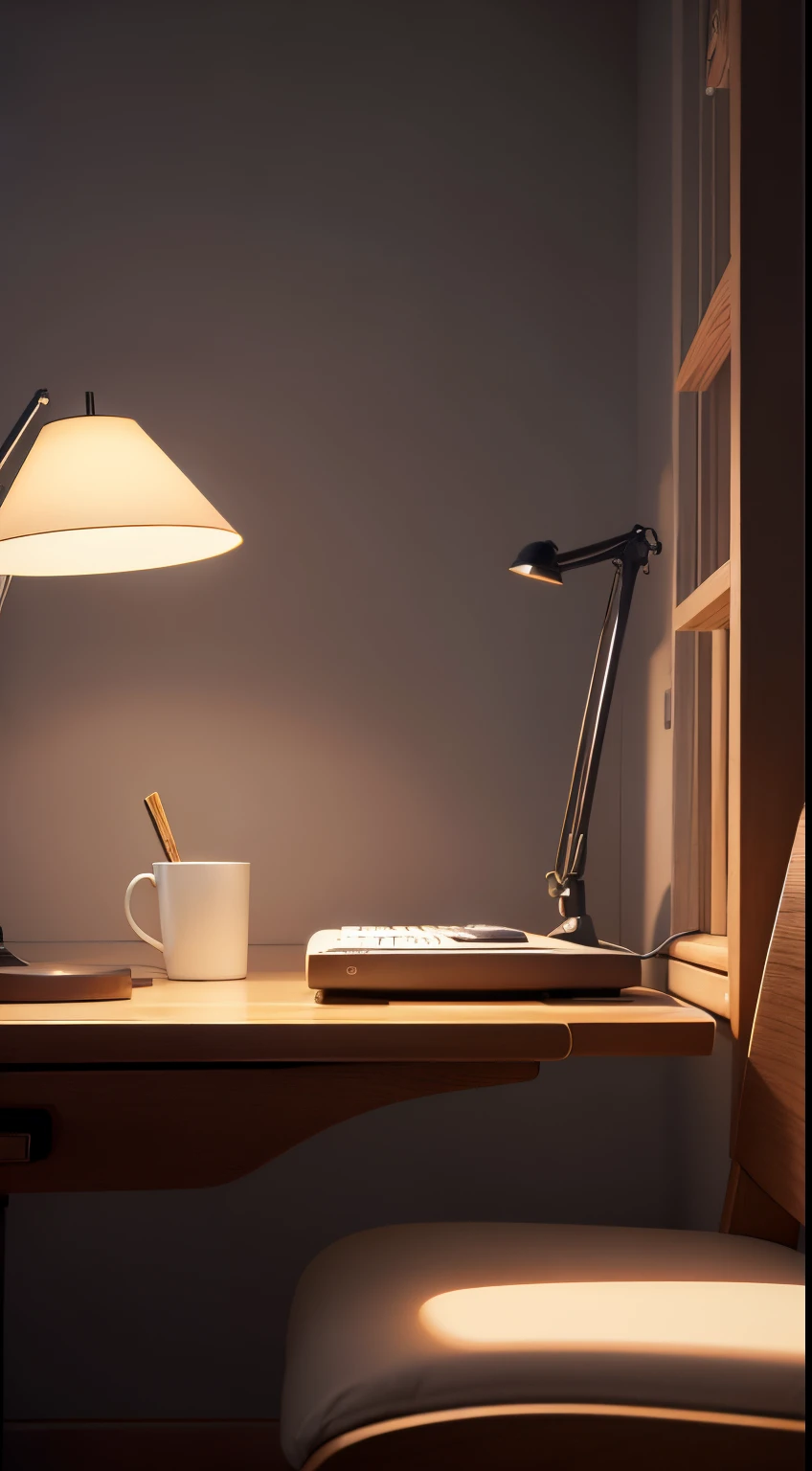 cozy scenery， Comfortable weather， cozily， a chair， desks， kawa， dynamic lights， gentlesoftlighting， style of anime， lamp lights， lamp lights， lamp lights， prette， hyper qualit， Best quality at best，Nikon 750