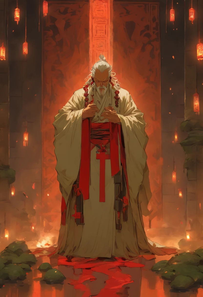 (8K、Best quality、tmasterpiece:1.2)、(Endless realism、フォトリアリスティック:1.37)、hyper-detailing,Full body lesbian,(1 boy:1.2),Alone,(This is a scrawny old man：1.2),com um rosto quadrado,The bones of the arm are vaguely visible,Eighty-year-old man,forehead full of wrinkles,(Roman nose：1.1),white haired Cangcang,thick white eyebrows,(With his eyes closed),The skin is very white.(This is a cult leader：1.3),(White silk robe with gold trim)+(A red inverted cross pendant hangs around the neck),The edges of the robe turned into tentacles.Underground chamber in the background,[scary meat punk style],(huge altar of flesh and blood：1.3),Place torches on the wall for lighting,(The gaps between the gravel bricks are covered with moss：1.2)+(Pentagram magic circle drawn with blood on the ground：1.2)