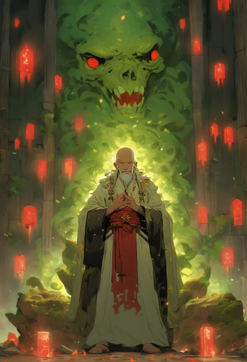 (8K、Best quality、tmasterpiece:1.2)、(Endless realism、フォトリアリスティック:1.37)、hyper-detailing,Full body lesbian,(1 boy:1.2),Alone,(This is a scrawny old man：1.2),com um rosto quadrado,The bones of the arm are vaguely visible,Eighty-year-old man,forehead full of wrinkles,(Roman nose：1.1),white haired Cangcang,thick white eyebrows,(With his eyes closed),The skin is very white.(This is a cult leader：1.3),(White silk robe with gold trim)+(A red inverted cross pendant hangs around the neck),The edges of the robe turned into tentacles.Underground chamber in the background,[scary meat punk style],(huge altar of flesh and blood：1.3),Place torches on the wall for lighting,(The gaps between the gravel bricks are covered with moss：1.2)+(Pentagram magic circle drawn with blood on the ground：1.2)