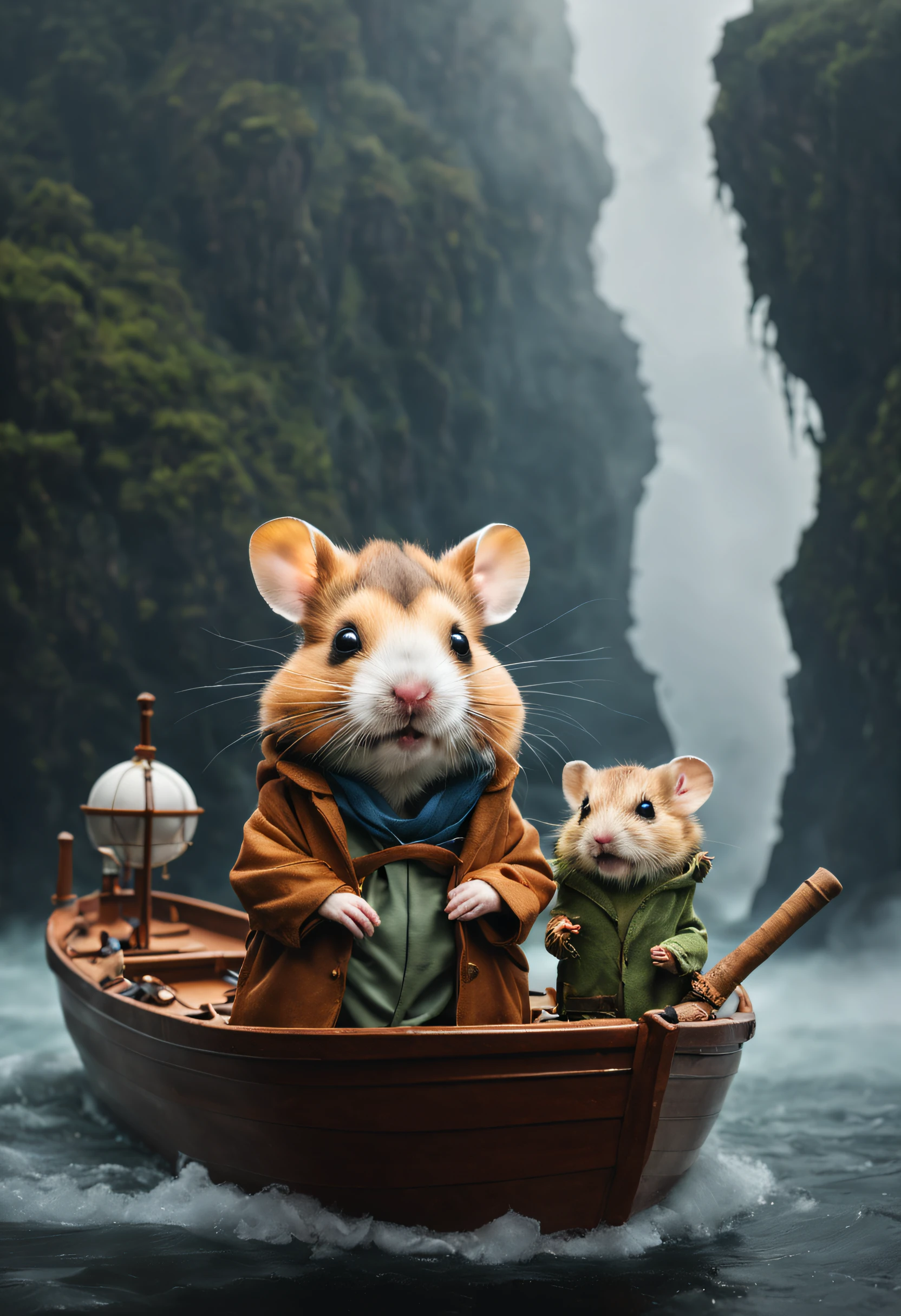 on the foggy sea,Little Hamster and Little Groot embark on an adventure,On the boat,Felicia Simien and Studio Ghibli-style minimalist photography《adventuring》,Maximalism,fine art,电影灯光,negative space,Dark art,ultra-realistic realism
