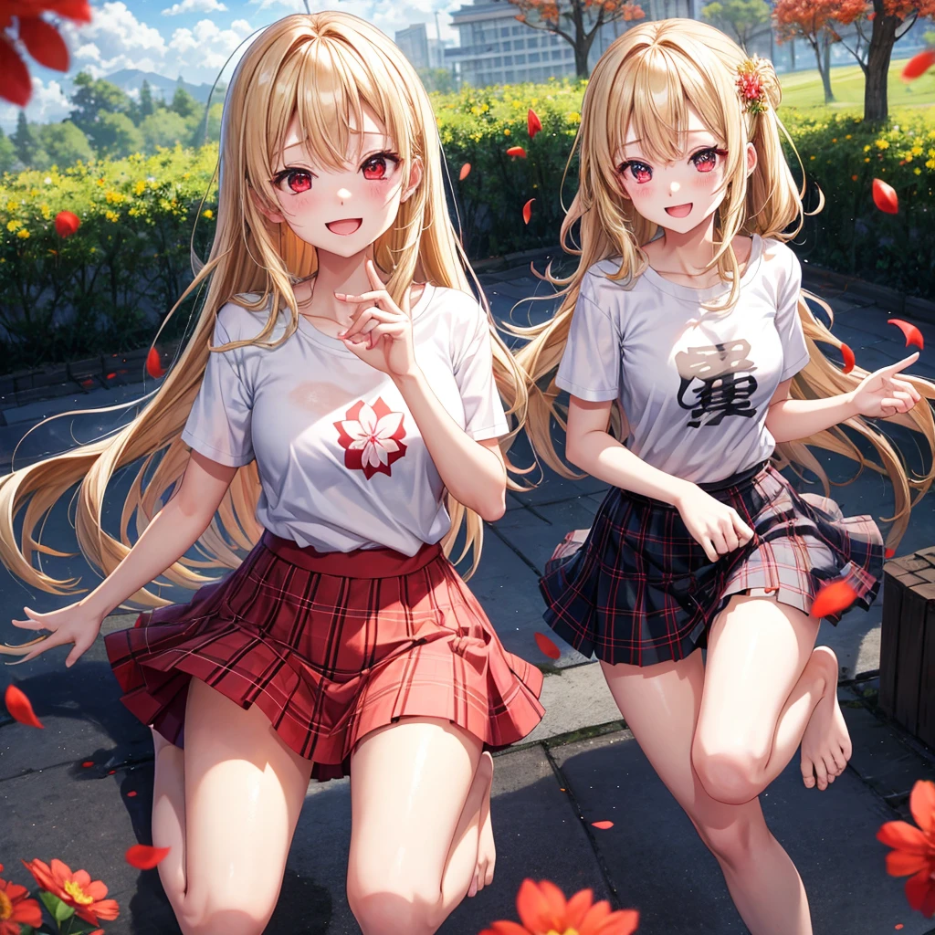 a blond、red eyes、1 pretty girl、animesque、lightly dressed、Plaid miniskirt、flower petals、bare-legged、wetting hair、T-shirt、jumpping、you、piece、Smiling