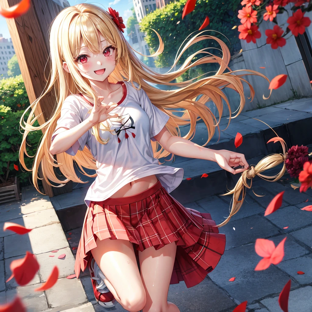 a blond、red eyes、1 pretty girl、animesque、lightly dressed、Plaid miniskirt、flower petals、bare-legged、wetting hair、T-shirt、jumpping、you、piece、Smiling