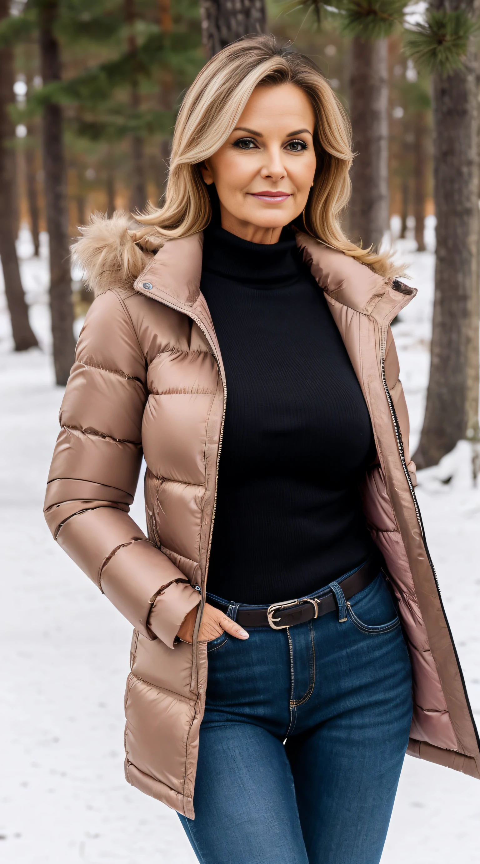 (attractive 55yo mature woman:1.3), (seductive:1.1), (blushing:1.1 ), (classy, elegant, dandy)1.2, (big natural breasts)1.2, toned body, toned abdomen, hourglass body, toned legs, blonde hair, milf, mature woman, 8K, nffsw:1.2,, (hyper realisitic:1.35), (Realistic:1.4), long blonde hair, classy dressed, dressed in winter jacket, dressed for being outside in cold, outside in winter land, upper body shot