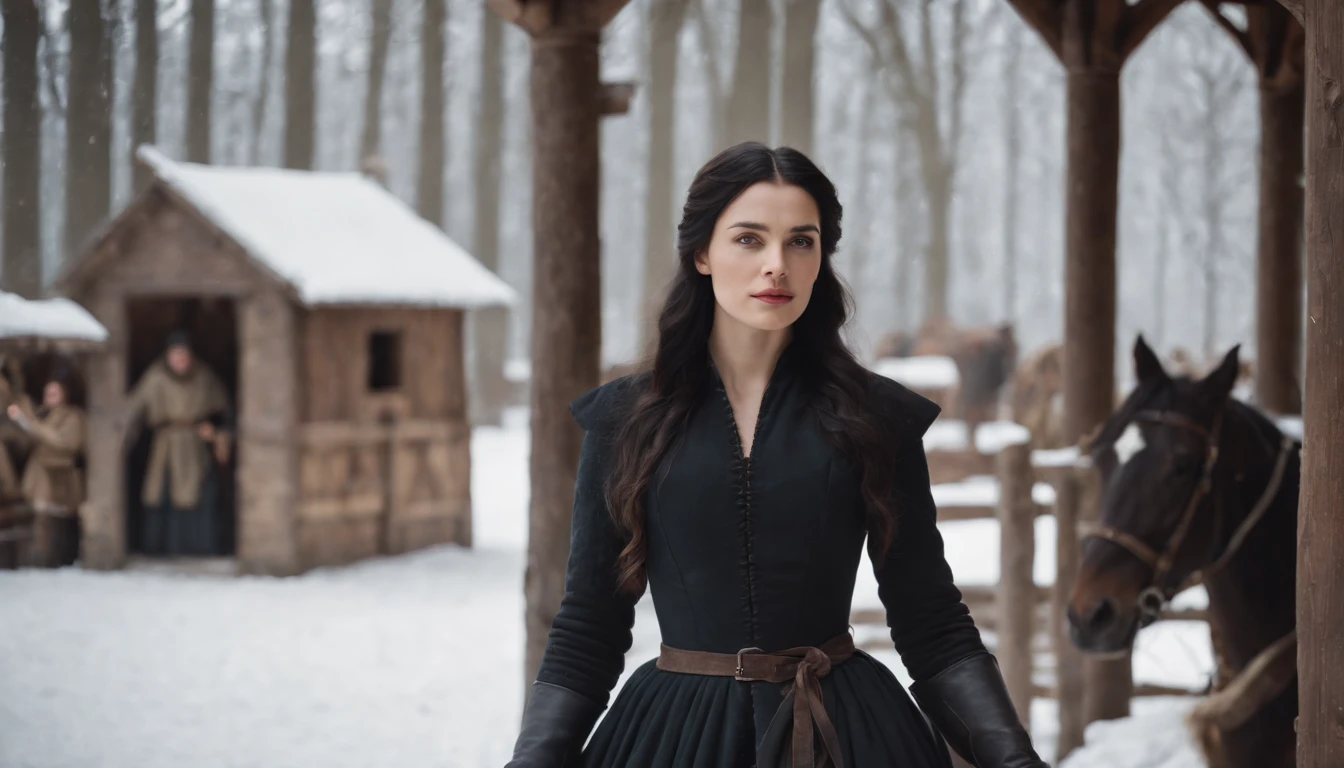 young medieval woman with black hair and brown eyes, wearing a winter riding gown, inside the stall of a medieval wood Hungarian stables in winter, snow outside, day, gothic, suspense, 8k, cinematic scene from period film, cinematic, in the style of cinematographer Dion Beebe